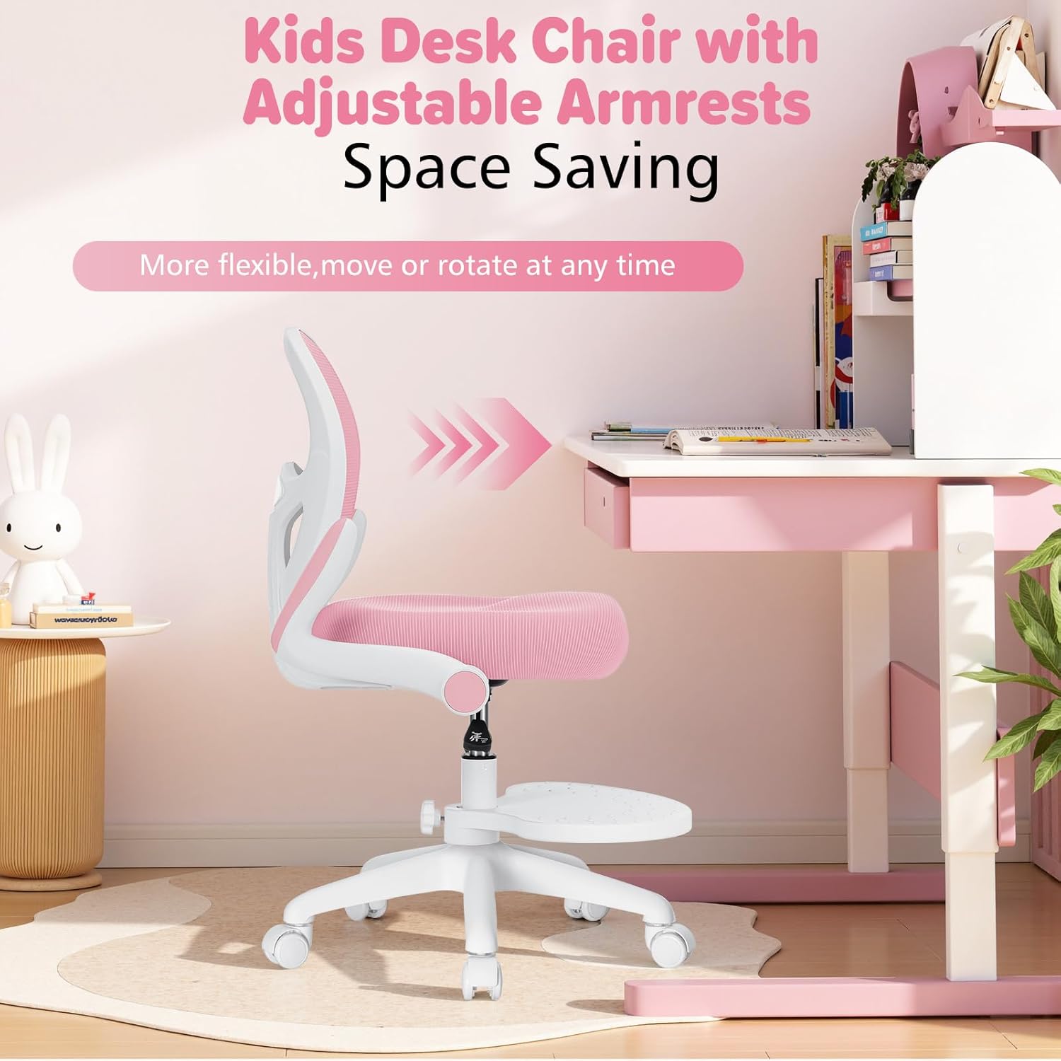 HOFFREE Kids Desk Chair with armrests flipped up, pushed under a desk.