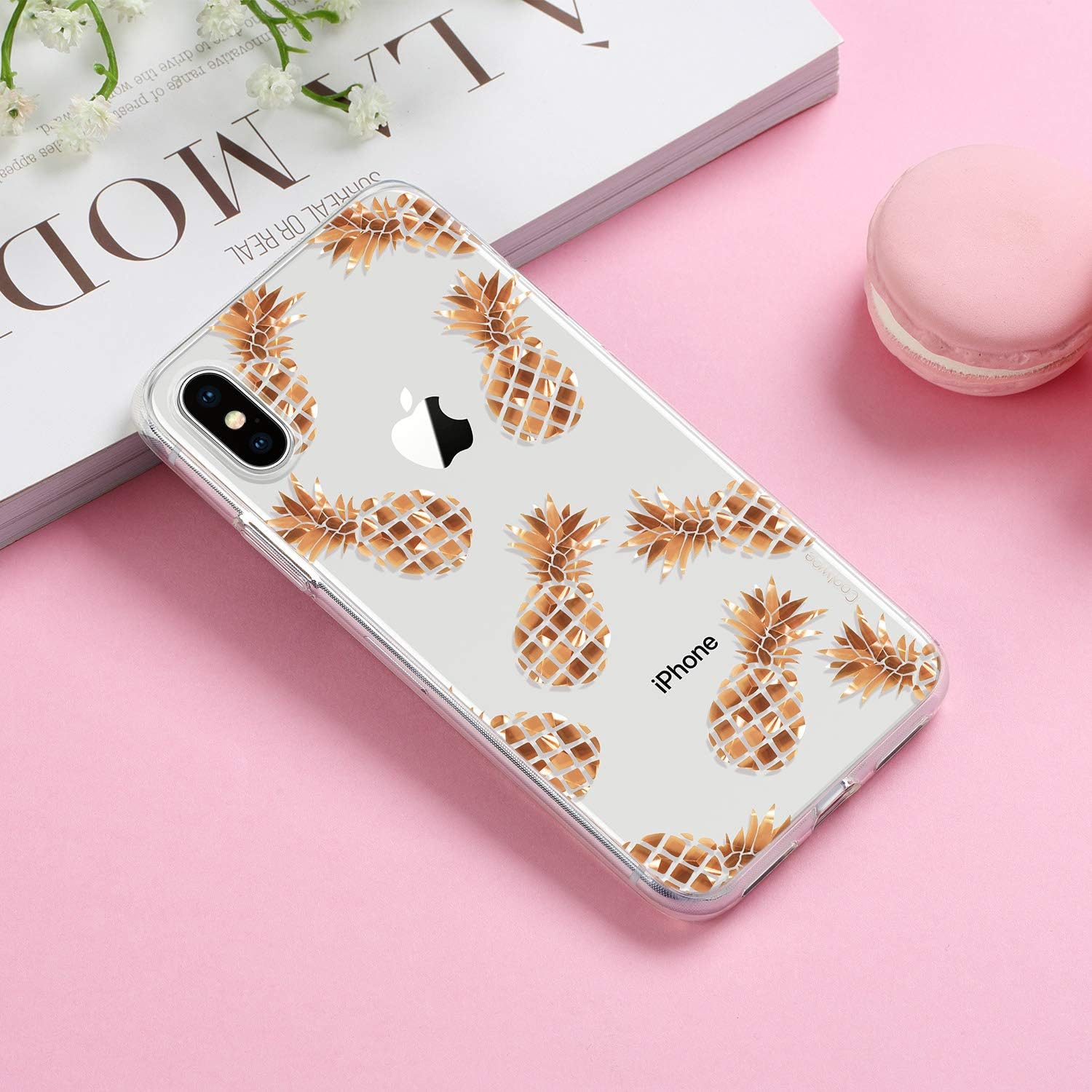 Coolwee Pineapple Case for iPhone Xs,iPhone X Pineapple Rose Gold Shiny Glitter Women Girl Men Foil Clear Design Plastic Hard Back Case Soft TPU Bumper Protective Cover for Apple iPhone Xs/X 5.8 inch