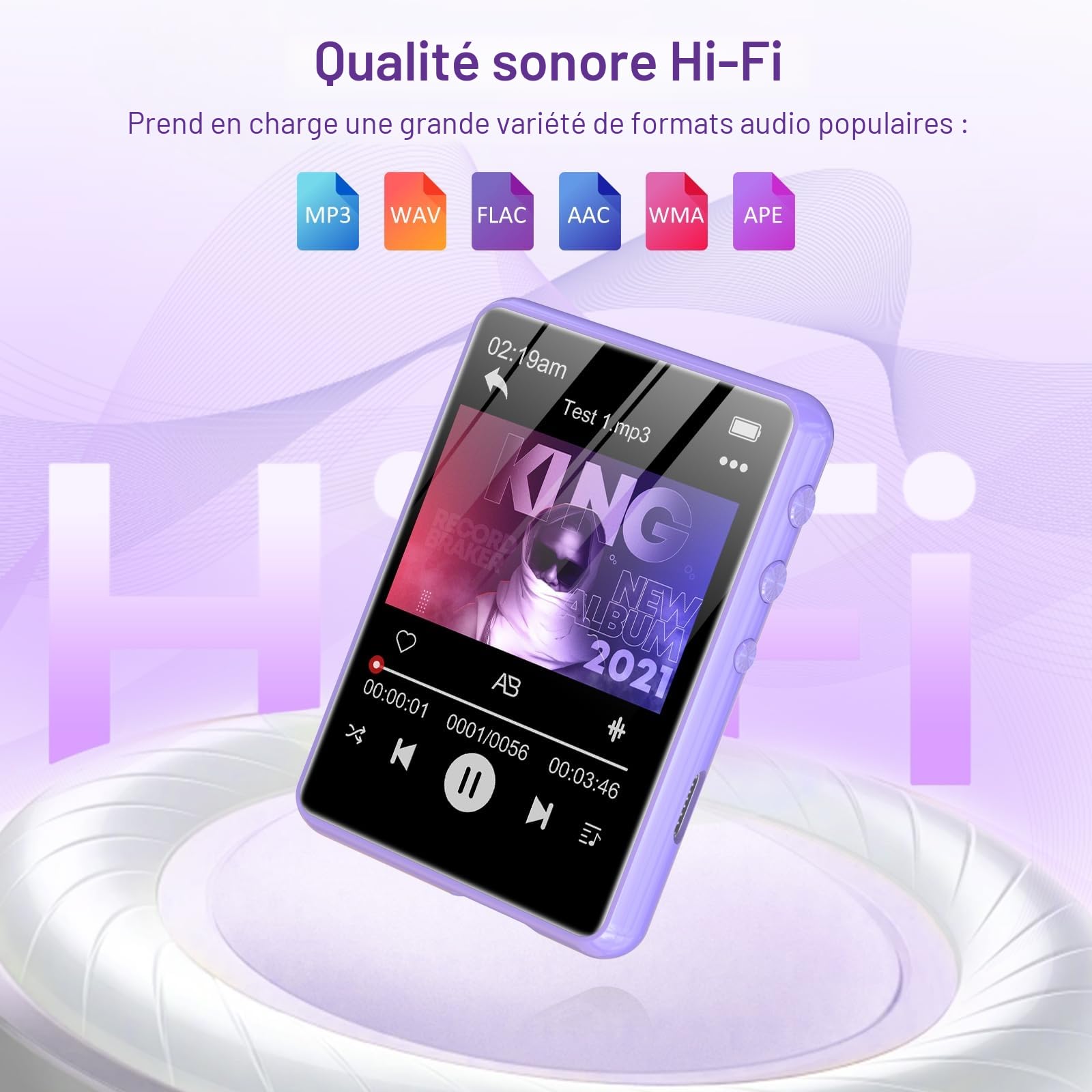 Lecteur MP3 128GB Bluetooth 5.3, ZAQE 2.4" Plein écran Tactile Lecteur MP3 Portable,Haut-parleurs Haute définition intégrés, Radio FM, Enregistrement, entrée Ligne, Son HiFi, jusqu'à 512GB, Violet