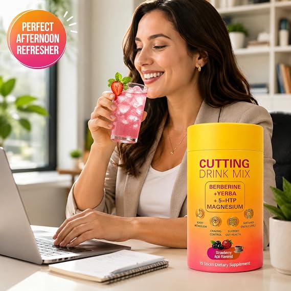 Cutting Drink Mix, Gut Health & Energy Support with Berberine,5-HTP, Yerba Mate & Magnesium,Fos, Strawberry Acai Flavor,15 Servings
