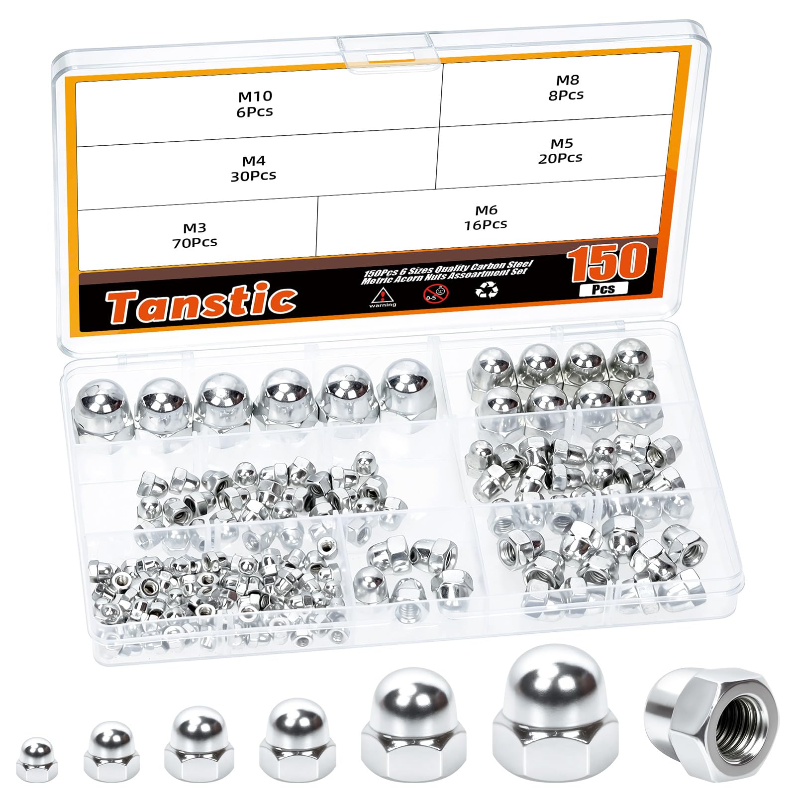 Tanstic 150pcs M3 M4 M5 M6 M8 M10 Acorn Cap Nuts, Silver Carbon Steel Dome Head Hex Nut, 6 Sizes Hex Acorn Nuts for Furniture Automotive Marine Hardware