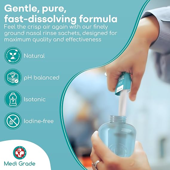 Medi Grade Saline Nasal Rinse Salt Sachets for Sinus Irrigation, 130 x 4.5g – All Natural, Isotonic, pH Balanced Nose Wash for Clear Breathing