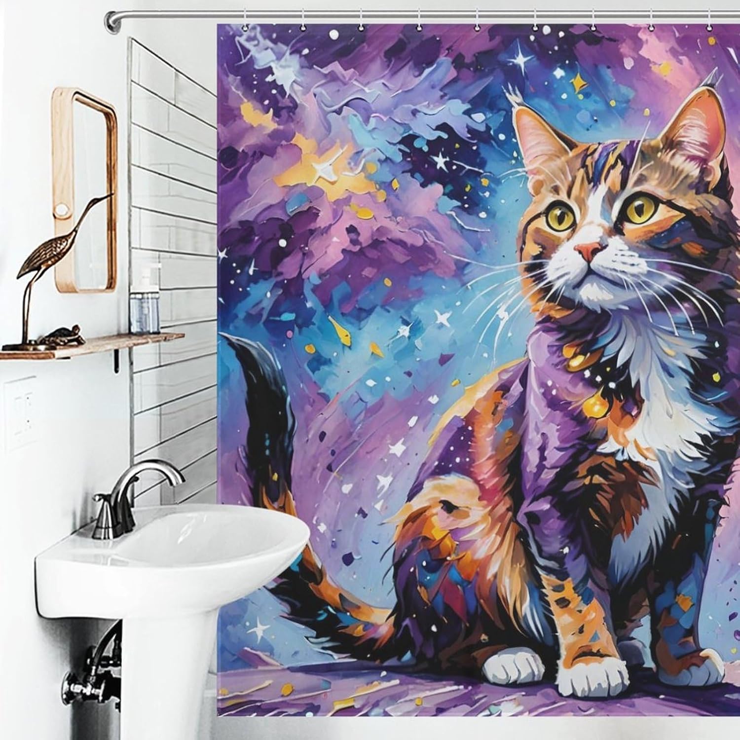 Cat Art Painting Waterproof Shower Curtain Set - 72x72 Inch Animal Bathroom Decor for Kids with 12 Metal Hooks, Machine Washable Polyester Bath Curtain