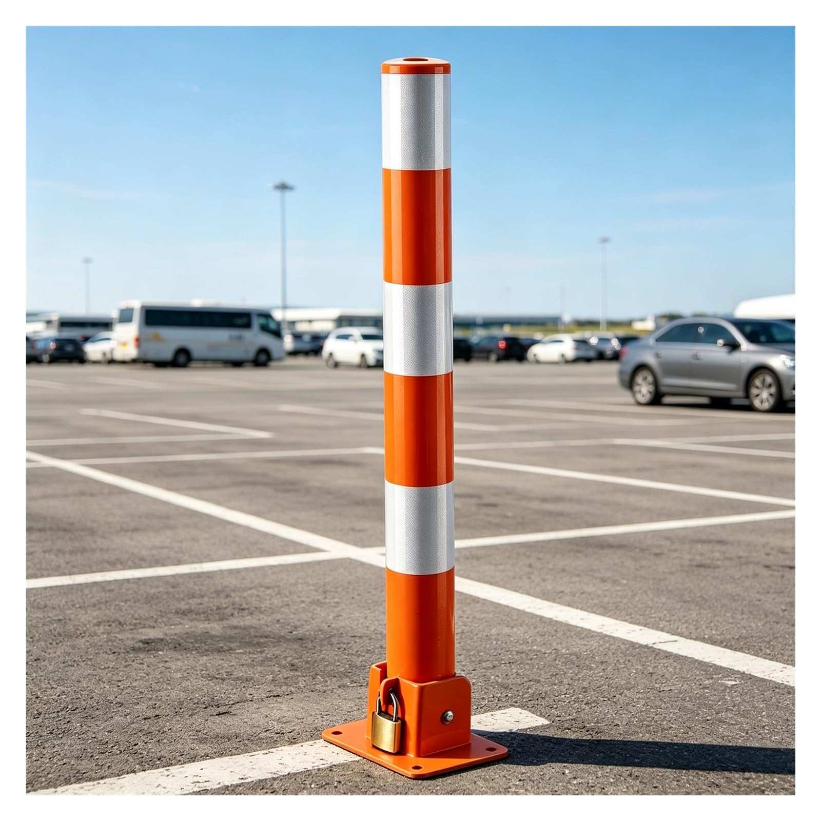 Składana bariera parkingowa, zamykany słupek zabezpieczający z paskami odblaskowymi i powłoką antykorozyjną, bariera parkingowa dla prywatnych podjazdów.