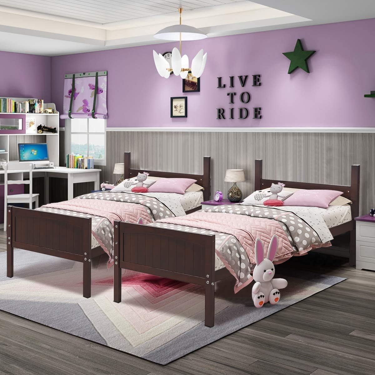 HONEY JOY Twin Over Twin Bunk Bed, Coverts to Two Individual Toddler Beds, Solid Rubberwood Frame, Children Sleeping Bedroom Furniture with Long Ladder & Safety Guard Rail (Espresso)