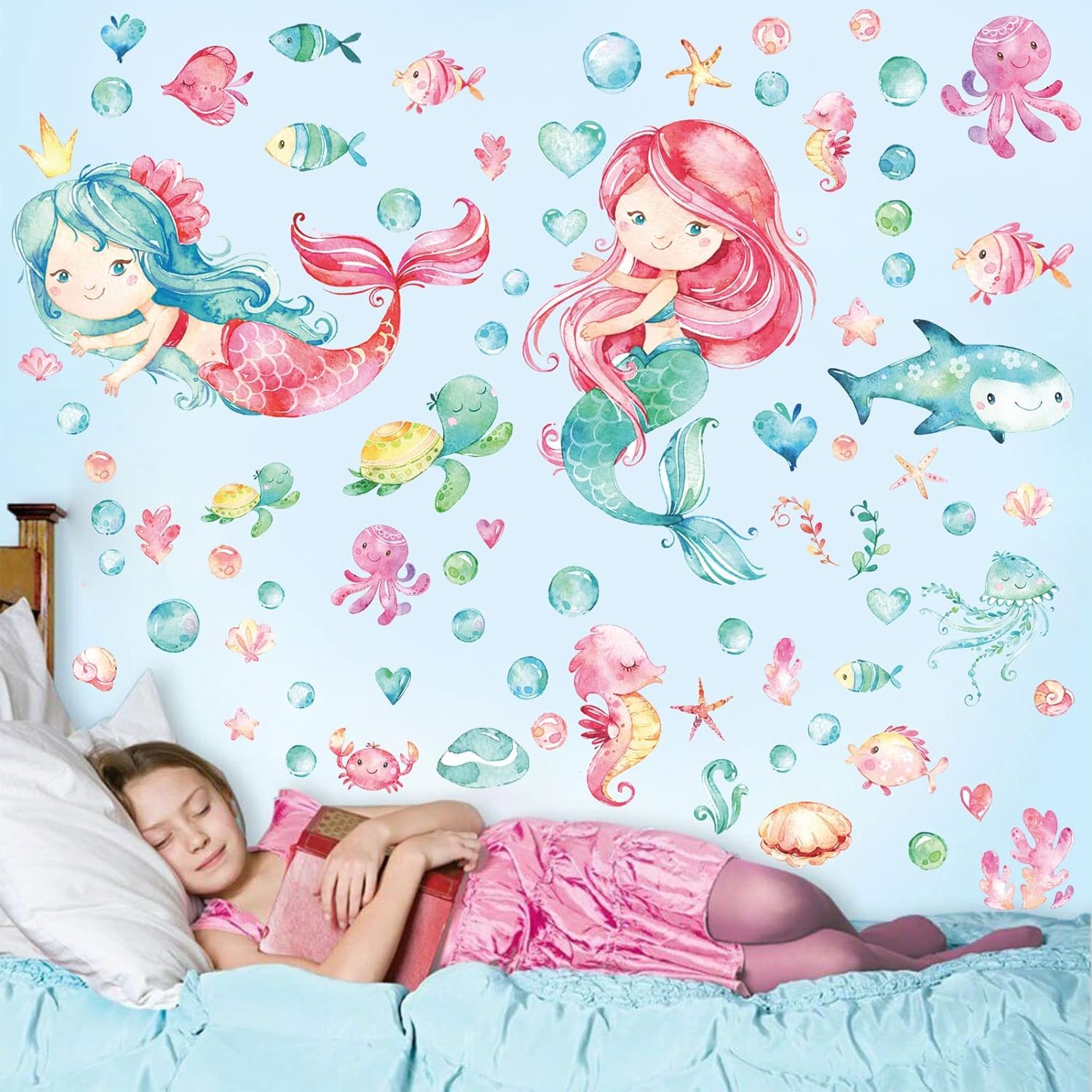 Tarklanda Glow in The Dark Mermaid Wall Decals Luminous Sticker Ceiling Decor Glowing Under The Sea Ocean Fish Wall Stickers for Kids Girls Bedroom Baby Nursery Wall Decor Blue - Image 4