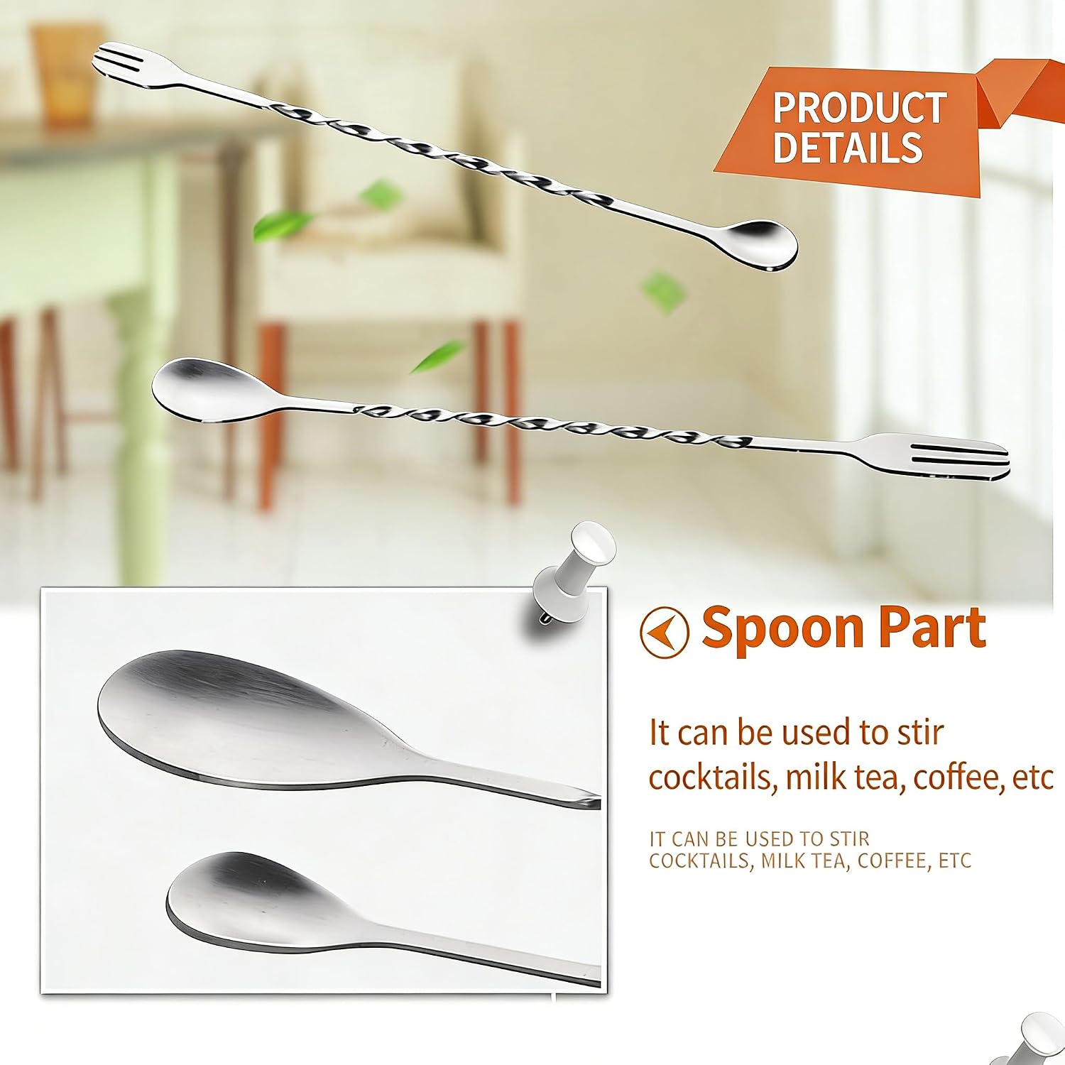3 PCS Bar Spoon, Cocktail Stirring Spoons, Stainless Steel Drink Stirrers for Home or Bar Cocktail, Coffee, Ice Cream, Sundae，12.6 Inches