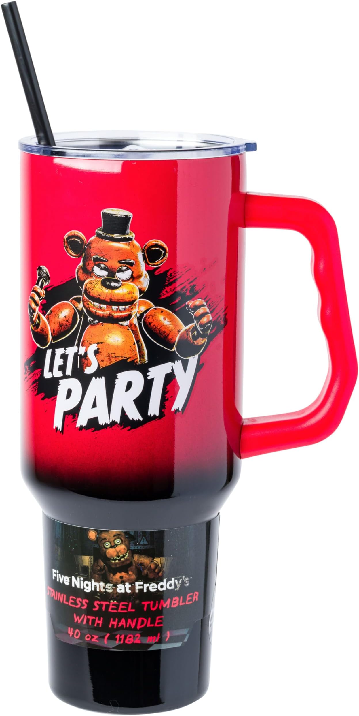 Five Nights At Freddy's “Let's Party” Featuring Freddy Fazbear Double Walled Stainless Steel Tumbler with Handle, Fits in Standard Cup Holder, 40 Ounces