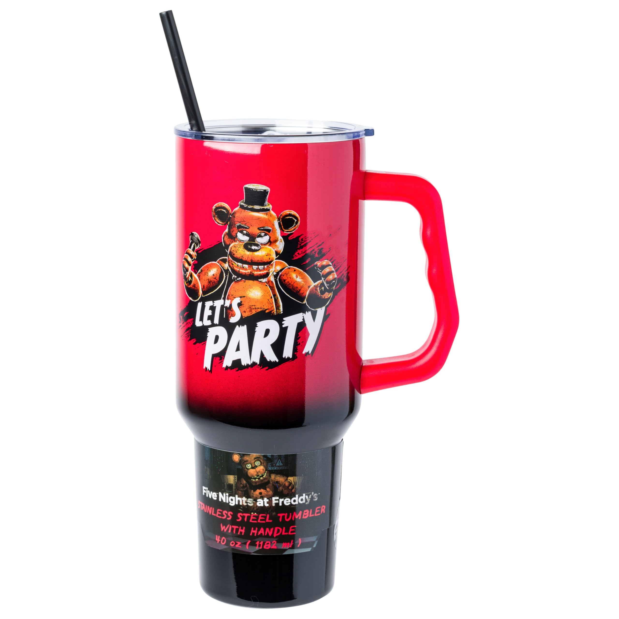 Silver Buffalo Five Nights at Freddy's Freddy Fazbear Let's Party Ombre Stainless Steel Tumbler with Handle and Straw, Fits in Standard Cup Holder, 40 Ounces