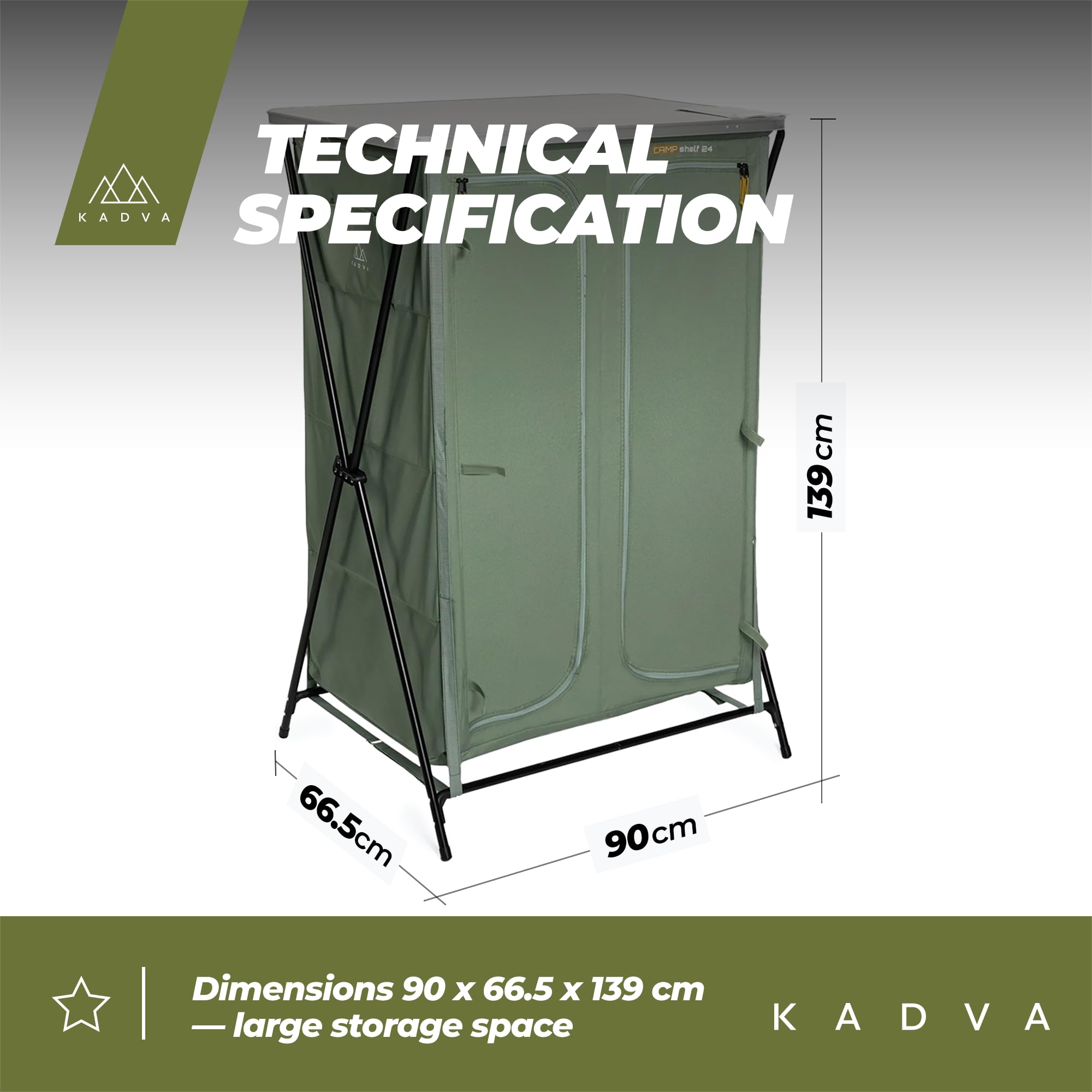 KADVA Camping Schrank CAMPShelf 24 Maße 66,5x90x139 cm Campingschrank aus strapazierfähigem Material Leichte und stabile Konstruktion Einfach aufzubauen und zu transportieren Farbe Grün