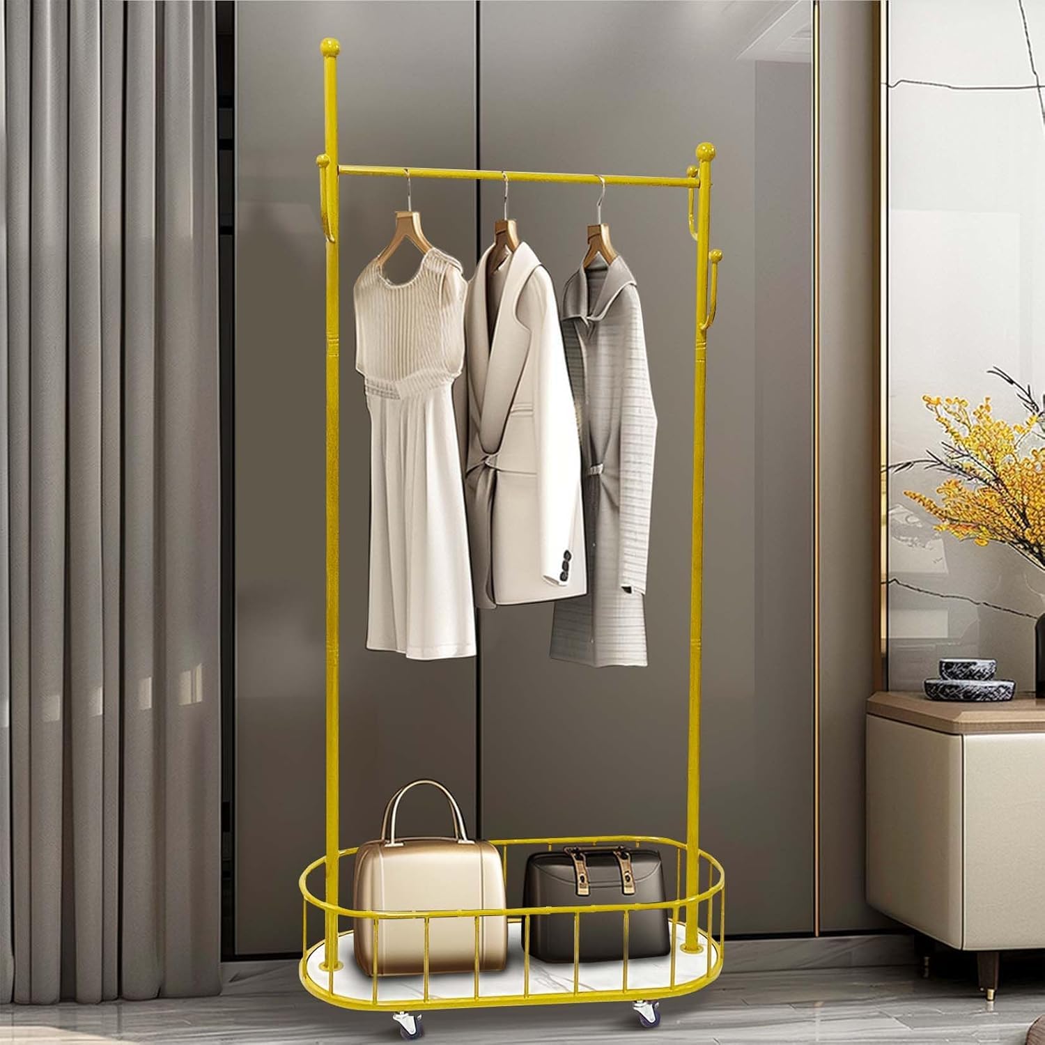 Space Saving Gold Metal Closet Organizer Shelves With Wheels, Clothing Rack For Coat, Clothes Hangers With Storage Shelf