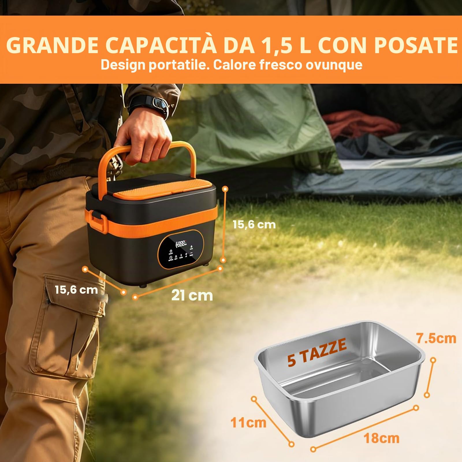 Scatola Pranzo Elettrica Senza Fili 1.5L,Riscaldamento Automatico 18000mAh Ricaricabile con Timer, Display LED & Borsa Termica per Ufficio, Camion, Esterno
