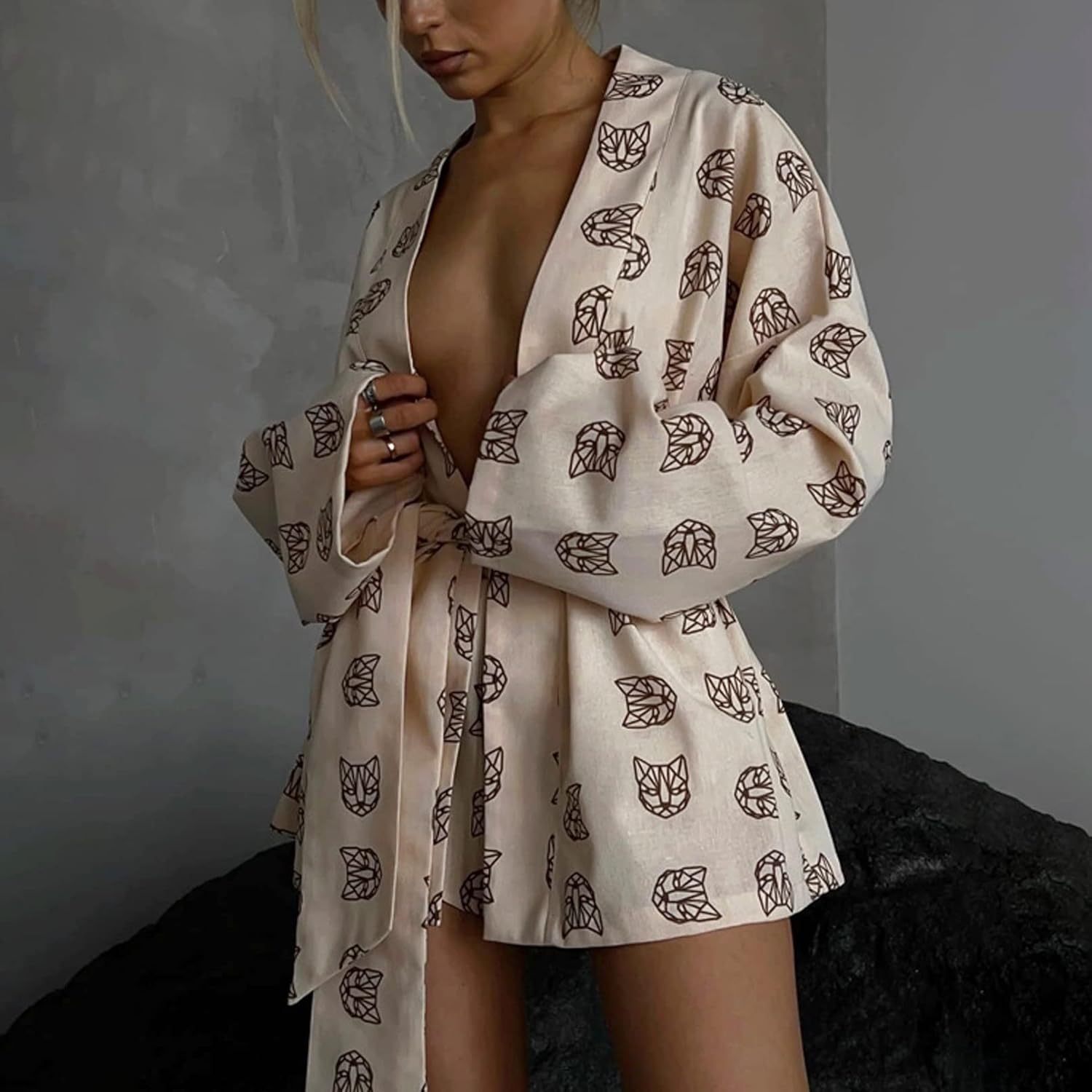 Women Sleepwear 2pcs Nightgown Pajama Robe Set Bathrobe Long Sleeve Sleepshirt High Waist Shorts Loungewear Set