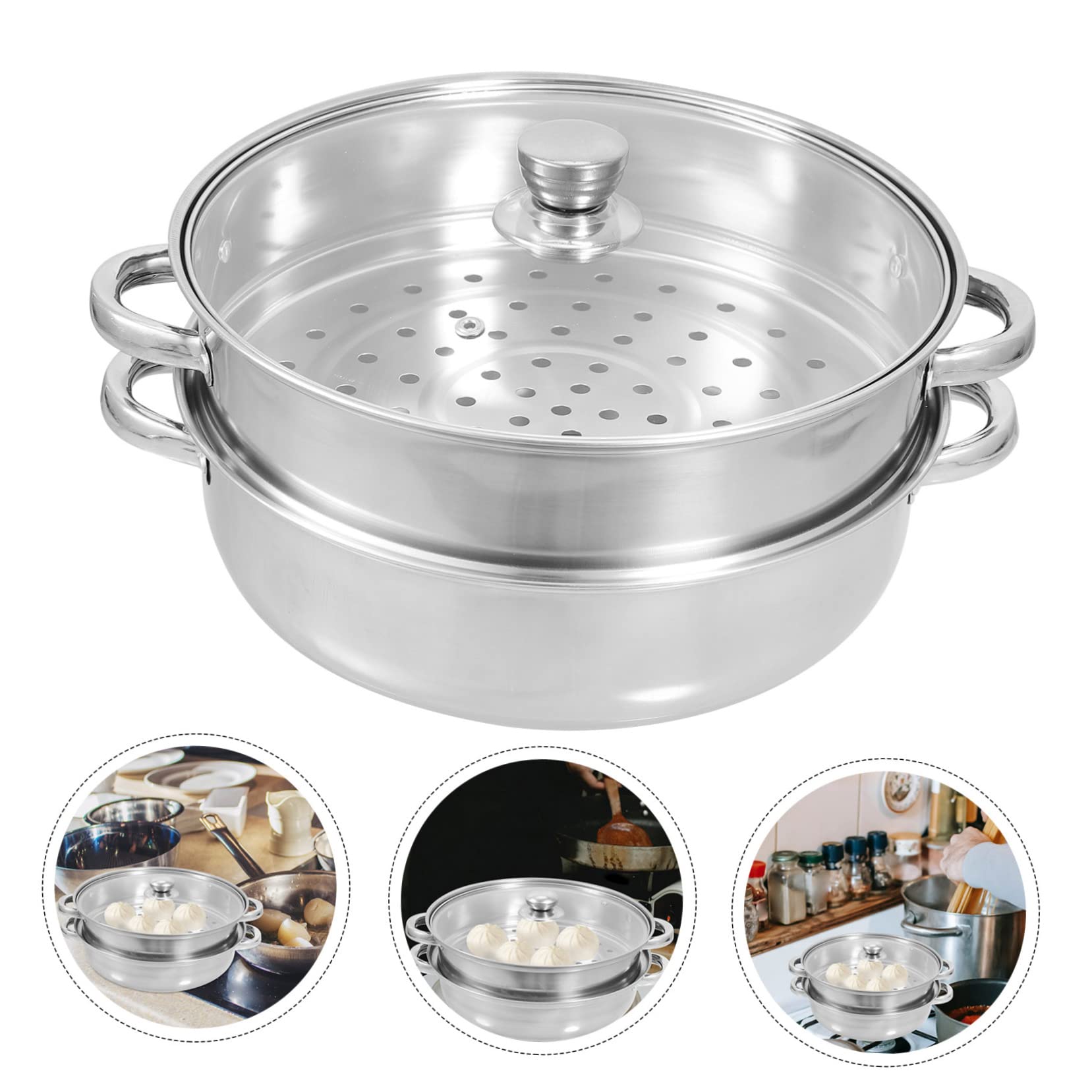 Cabilock Vaporera de Alimentos Olla de Vapor de Acero Inoxidable Doble Asa Utensilios de Cocina para Cocina y Restaurante Vaporera Práctica para Cocinar Alimentos