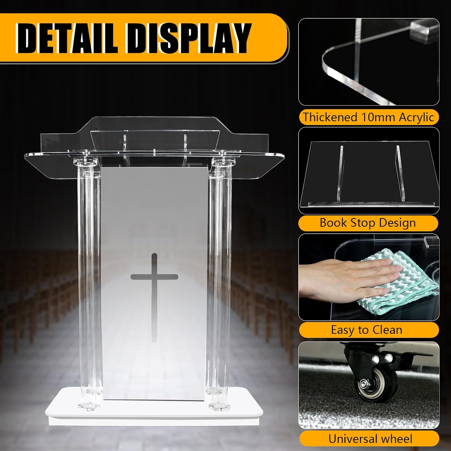 Church Pulpit with 15 Colors Adjustable and 4 Flashing Models, 46” Clear Acrylic Podium with 4 Wheels & Vertical Reading Platform, Lecterns for Churches, Classroom (39.4”L*15.7”W *44”H)