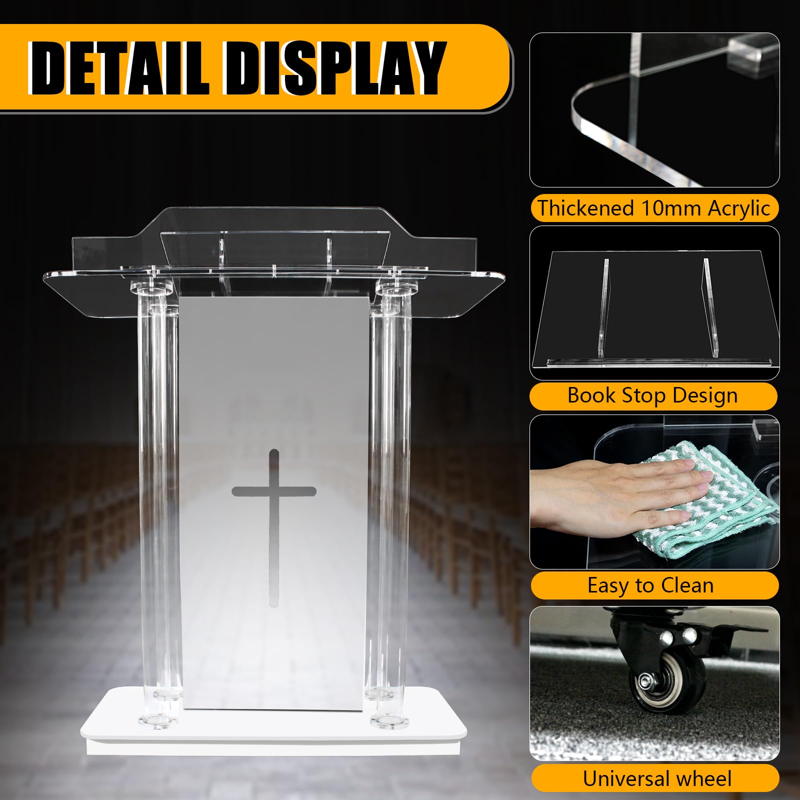 Afitdon Chaire d'église Pupitre en Acrylique Transparent avec Roues et 15 Couleurs de lumière LED réglables, Grand Support Acrylique pour église, Concert, conférence, Mariage, Salle de Classe