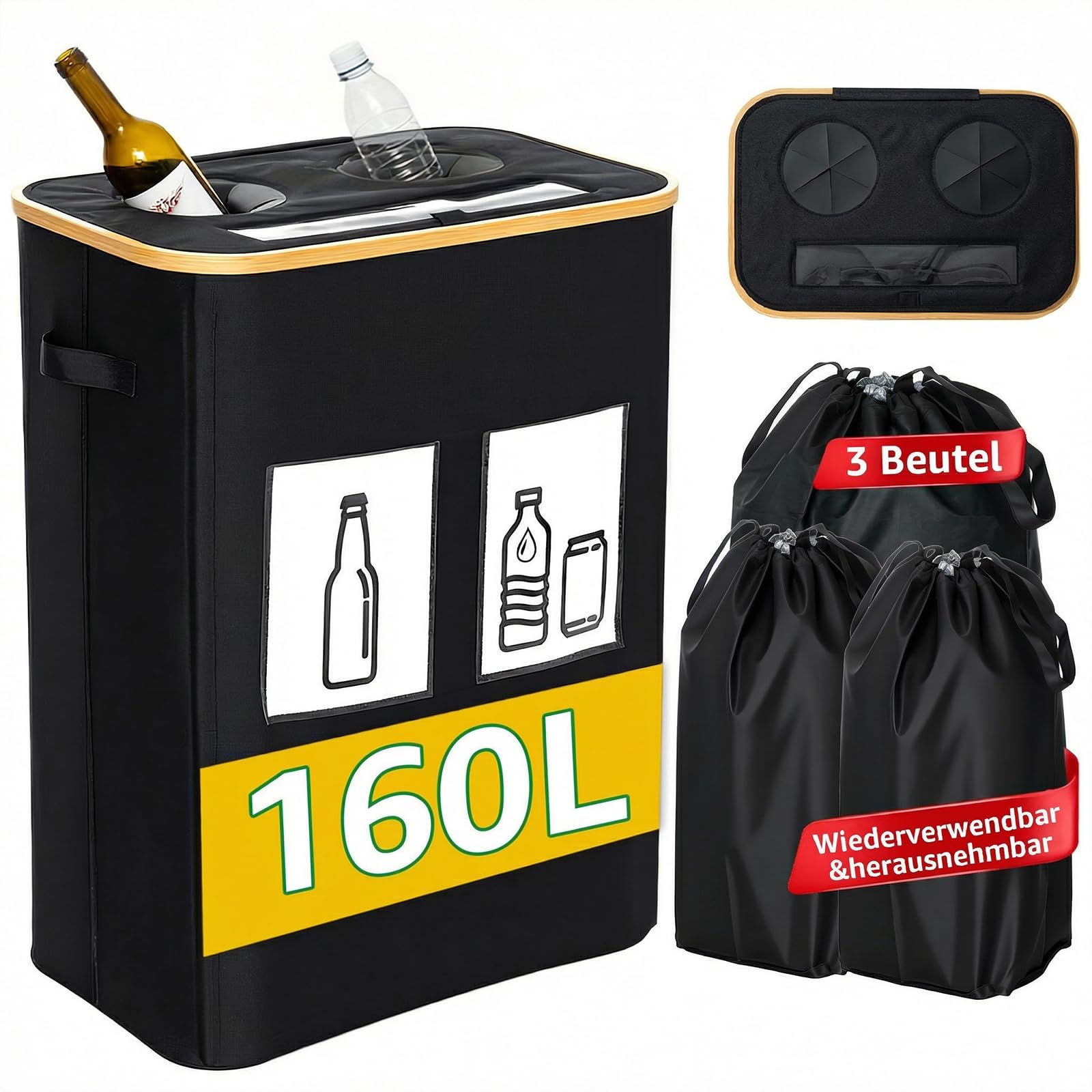 GARPROVM 160L Pfandflaschen Sammelbehälter 2 Fächer, Leergut Sammelbehälter Flaschensammler mit Doppel Öffnungen Sichtfenster 3 Innentaschen, Pfandbehälter Recyclingbehälter für Flaschen Dosen Altglas