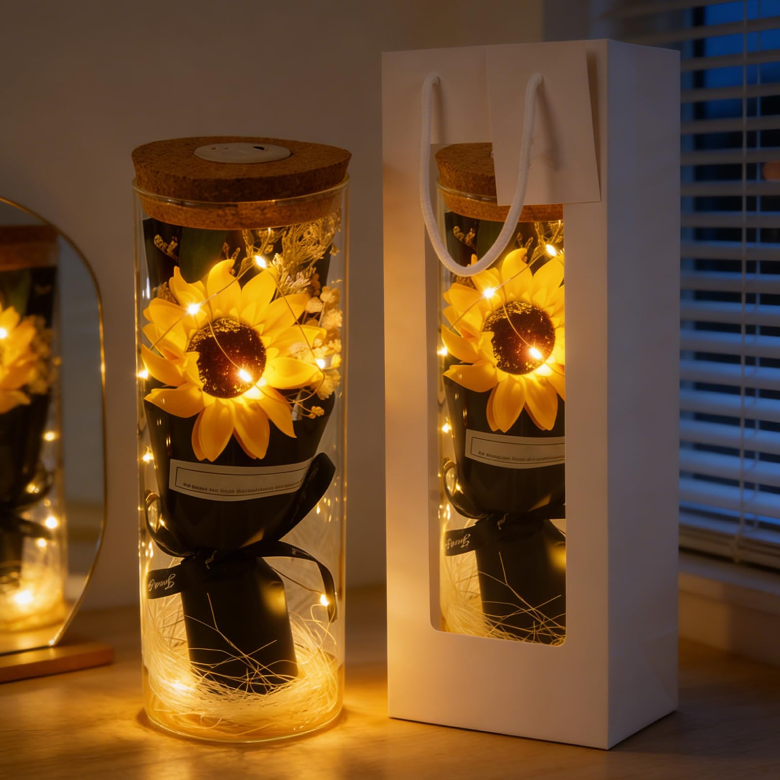 AWSOLAR Sunflower Light Glass Flowers, Forever Sunflower with Light Up Flower in Glass Dome Gifts for Mother Day Anniversary Valentine Day