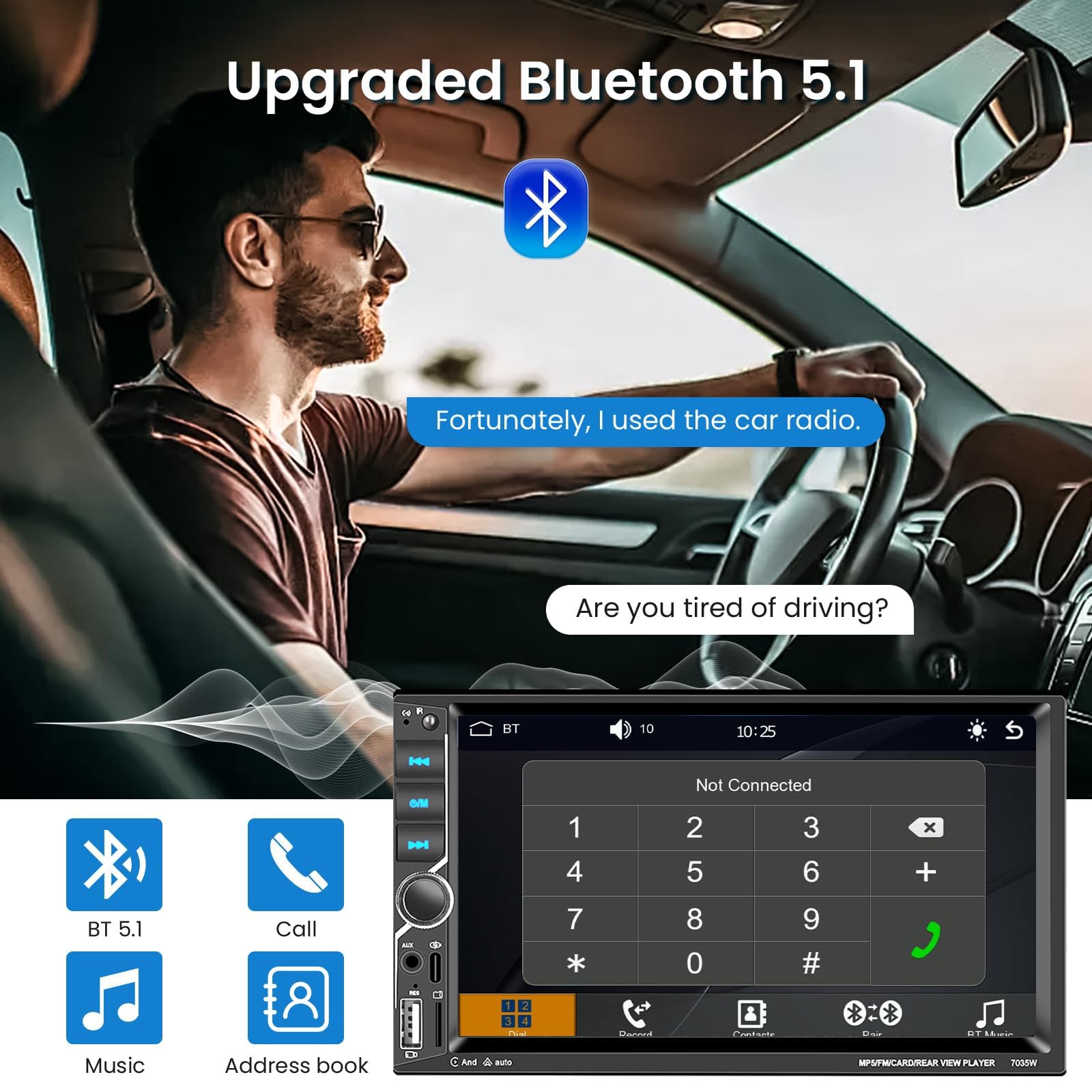 VECHTEL Autoradio 2 Din avec Carplay Android Auto sans Fil, 7 Pouces Écran Tactile Stéréo Voiture Bluetooth, Radio FM, Type-C/USB/TF/AUX, Mirror Link, Caméra de Recul, Télécommande