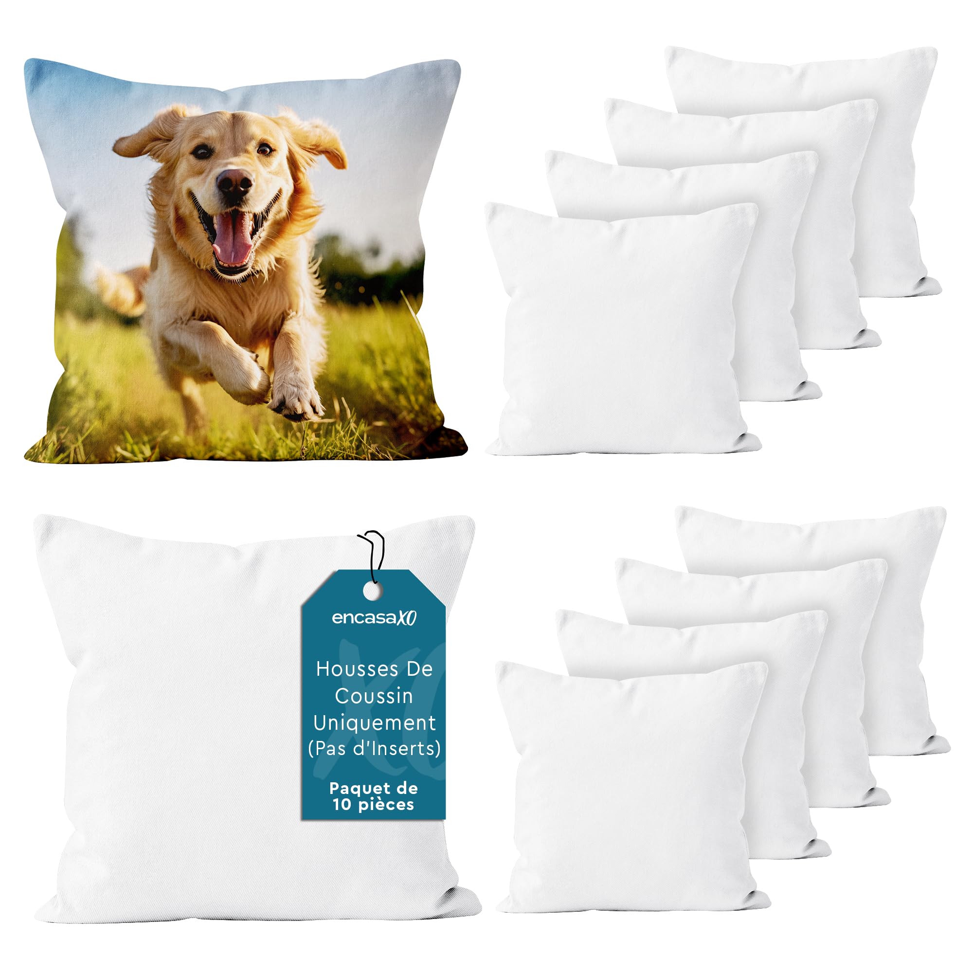 Encasa XO Housse de Coussin Vierge, sans Insert 16"x16" Blanc | Sergé de polyester | Sublimation, bricolage & peinture | Fermeture éclair invisible | Lot de 10