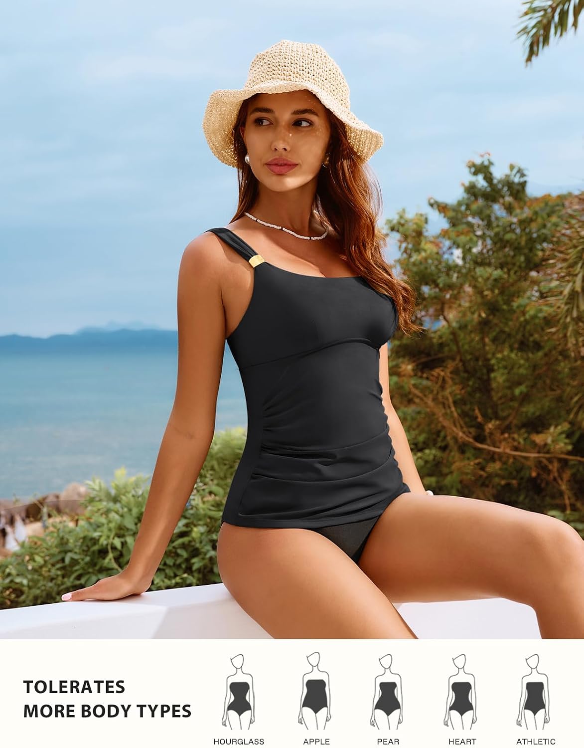 Hanna Nikole Tankini Tops for Women, Tummy Control Swim Tops with Metallic Slider Design, Removable Bras Modest Tops Only