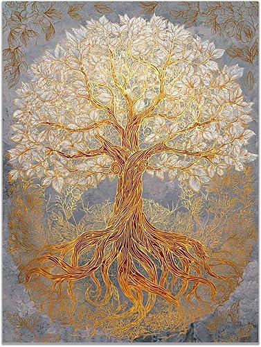 VOCBAN Tree of Life Wall Art The Picture Artwork Canvas Prints Tree Pictures Poster Retro Artwork for Bedroom Living Room Home Decoration(gold