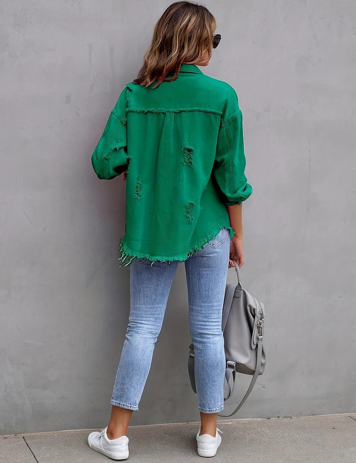 Womens Ripped Distressed Denim Jacket Tops Oversized Casual Long Sleeve Basic Jean Jacket Coats - Image 6