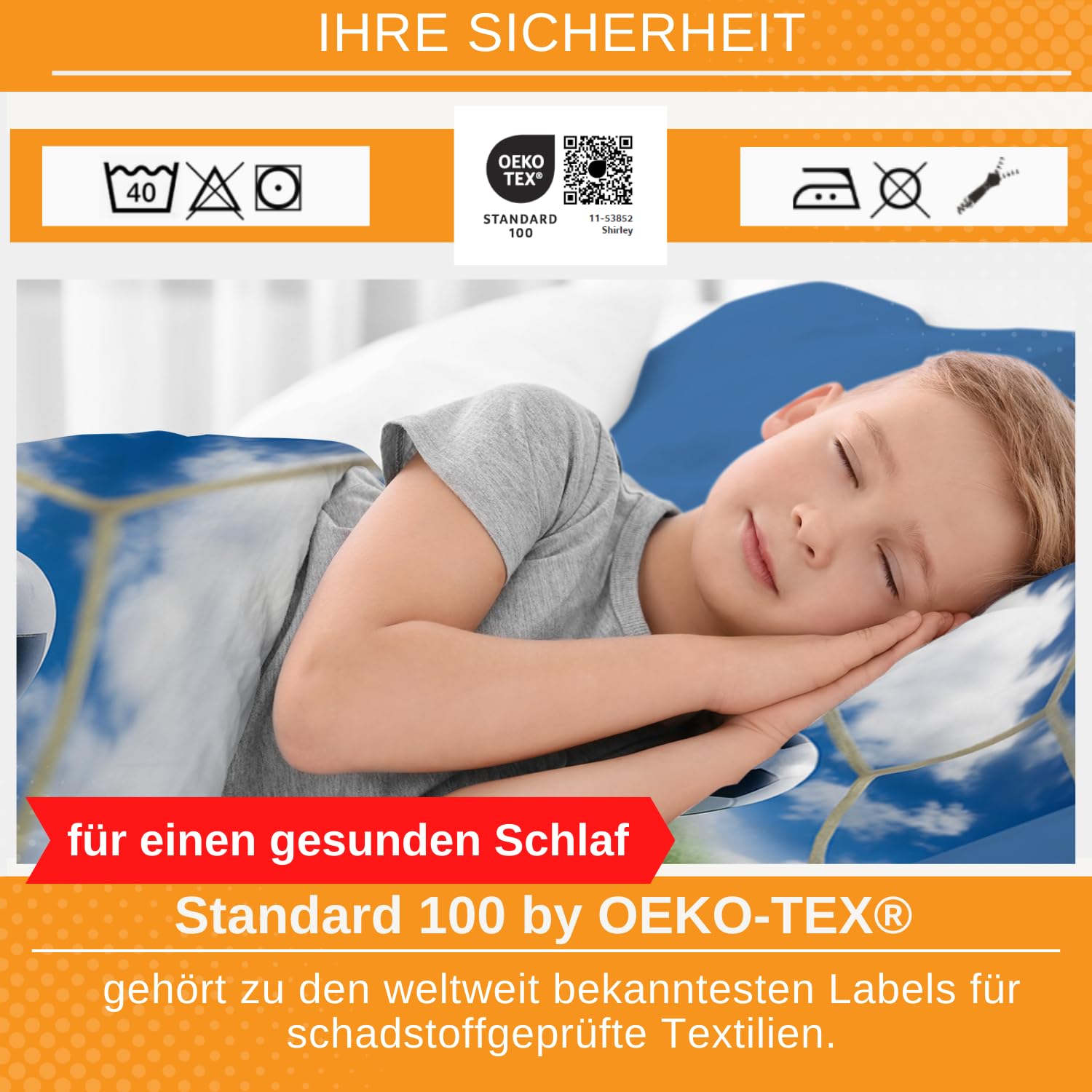 Aminata kids Jungen Bettwäsche 135x200 Fußball - 100% Baumwolle mit Marken Reißverschluss - Bettwäsche-Set mit Fußball-Motiv | Wende-Teenager-Bettwäsche Blau