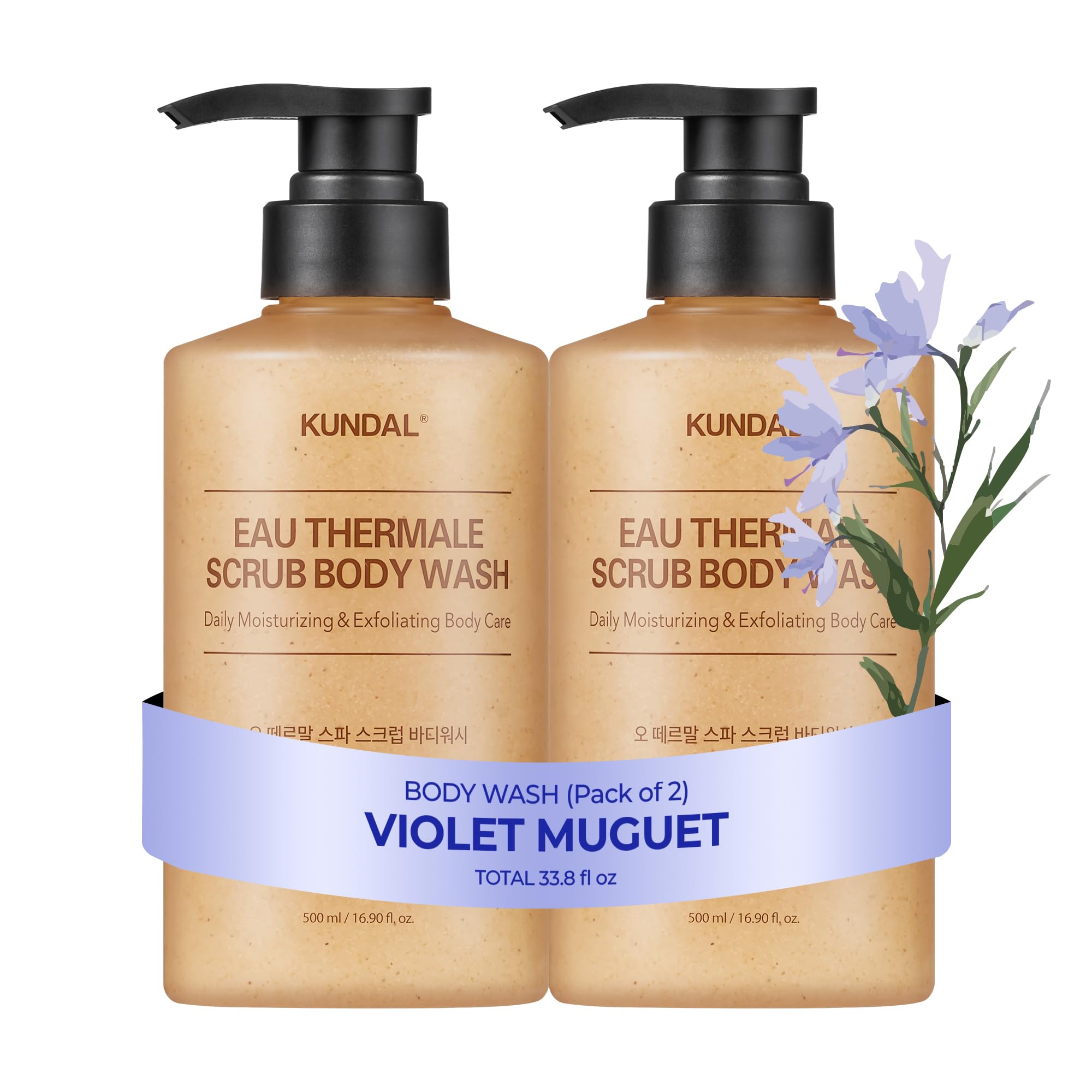 KUNDAL Eau Thermale Scrub Body Wash [Violet Muguet] | Korean Skin Care Moisturizing and Exfoliating, Softens Skin |Contains AHA & PHA 16.9fl oz (Pack of 2)