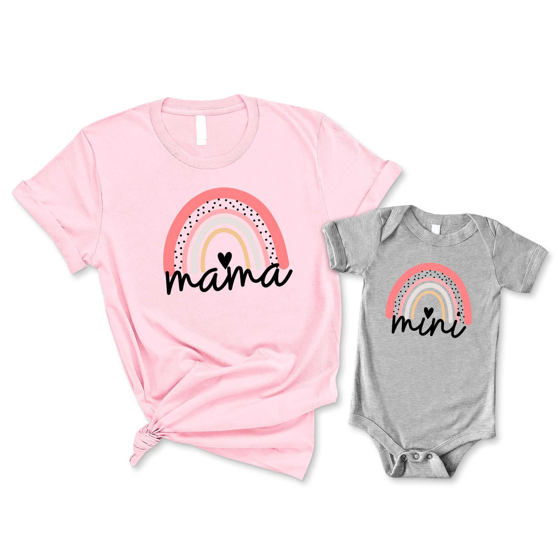 Red Heart Rainbow Design Mama and Mini Cute Matching Outfit Set Mommy and Me Family T-Shirts Gift for Mother and Daughter