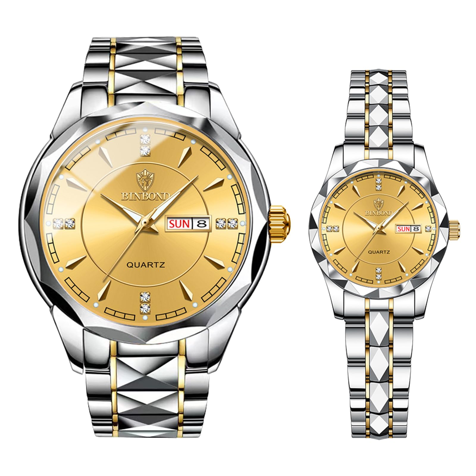 JewelryWe Paar Uhren Quarz Analog Partner Freundschafts Armbanduhr Datum Kalender Edelstahl Armband Uhr mit Beleuchtenden Zeiger und Strass rundem Zifferblatt, Geschenk für Herren Damen, Gold