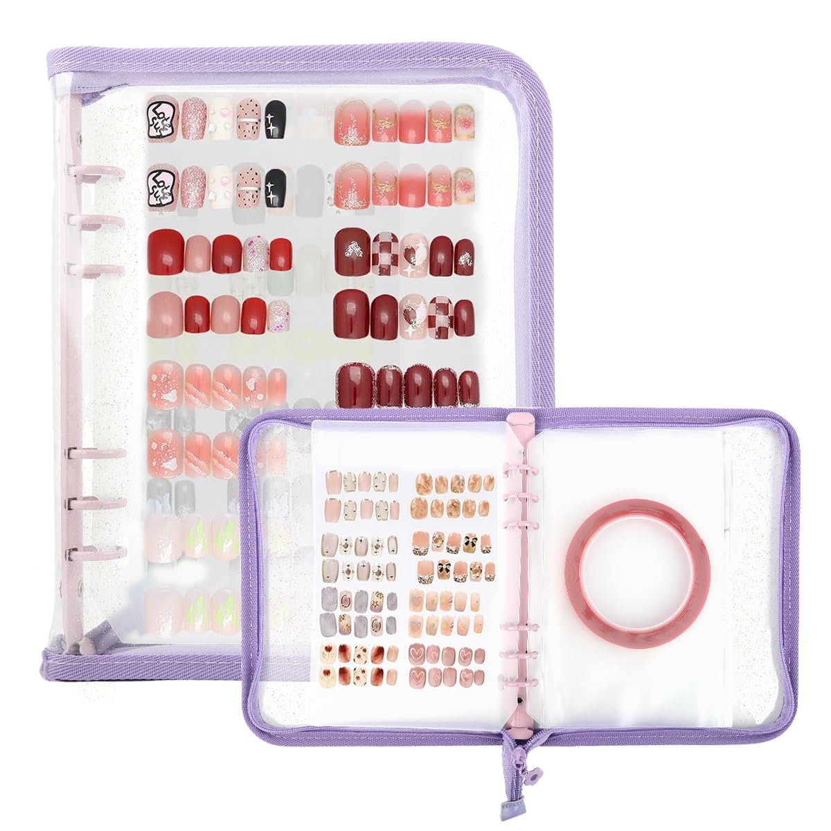MAYCREATE® Press On Nail Organizer with 4 Insert Pages, A5 Size Reusable Fake Nail Swatch Collecting Book for Fake Nail Storage Nail Display Nail Salon Supplies Organizer with Nail Tape, Purple-image-5