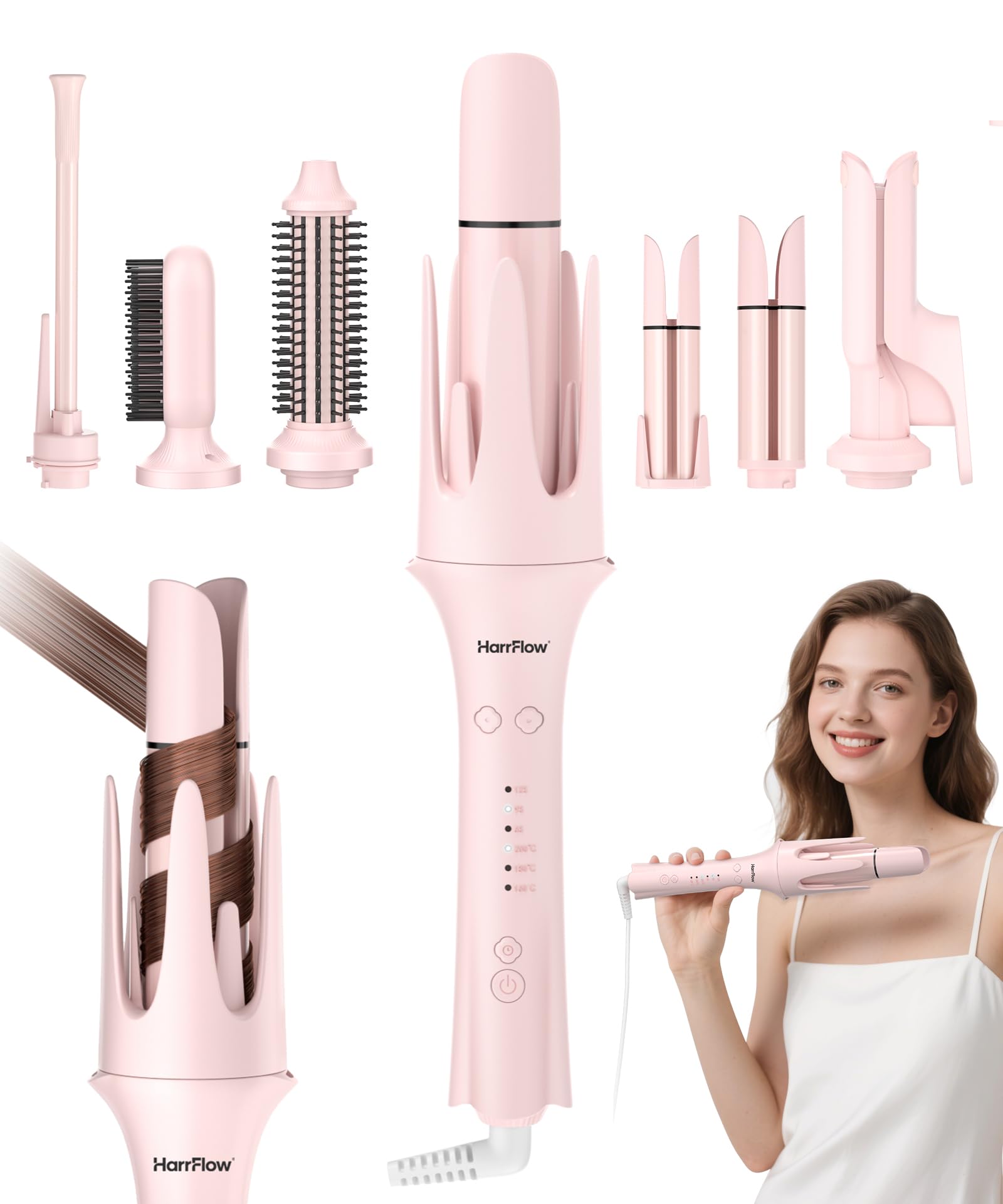 7 in 1 Automatic Curling Iron Interchangeable Barrels -0.5",1", 1.25", 1.5" Curling Wand, Hair Crimper & Straightening Brush,& Rotating Curler, 300M