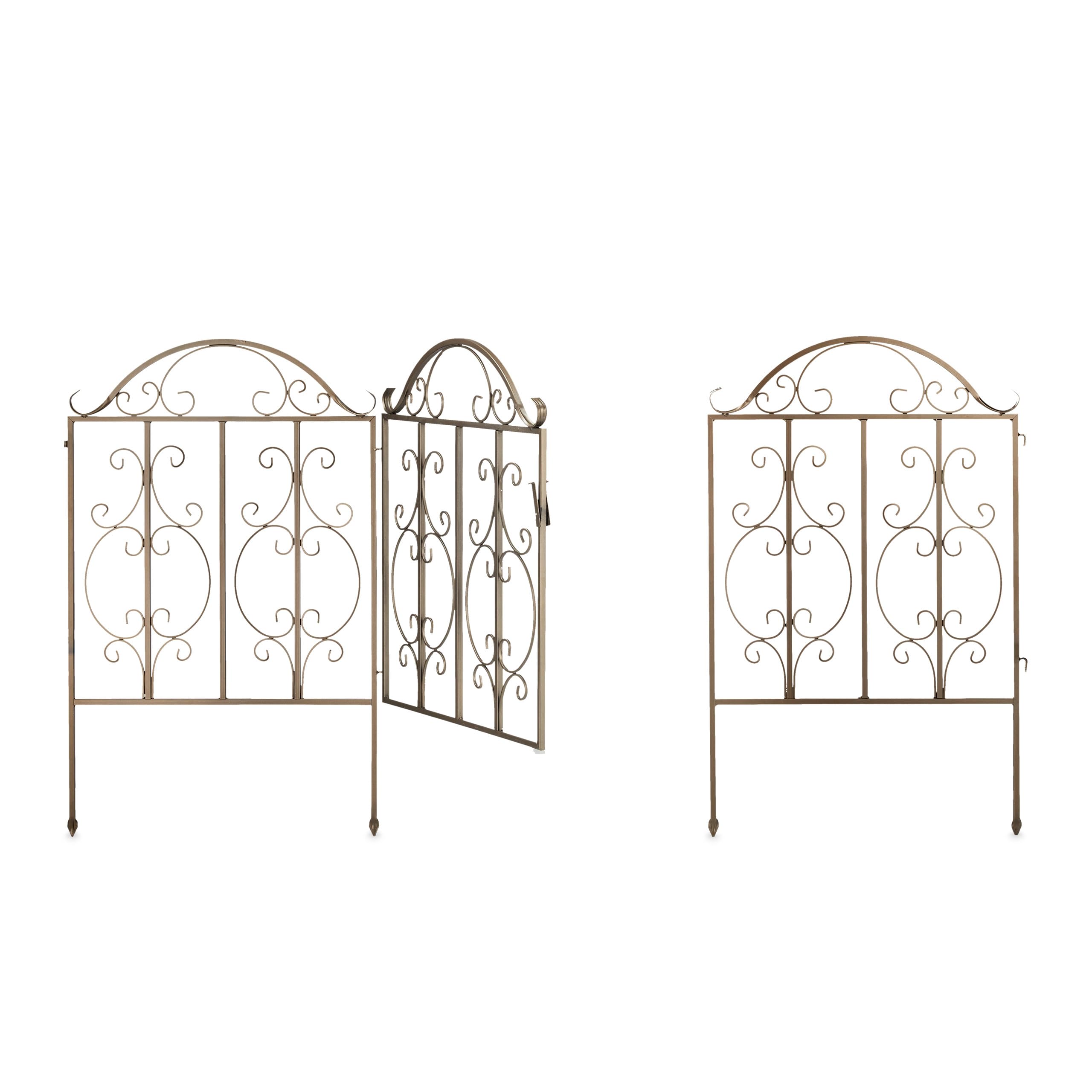 Relaxdays Puerta de Jardín, 3 Piezas, Acero, Adornos de Arabescos, 2 Paneles Laterales de Verja, 98,5 x 185 cm, Bronce