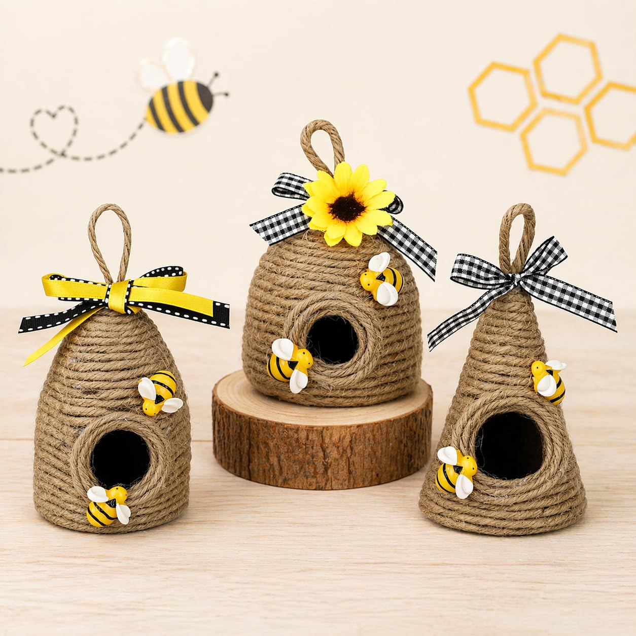 Frühlings Sommer Dekoration Küche Bienenstock-Dekor 3er-Pack - Rustikale Bienen-Heimdekoration Mit Sonnenblumen Für Küche, Wohnzimmer & Regale