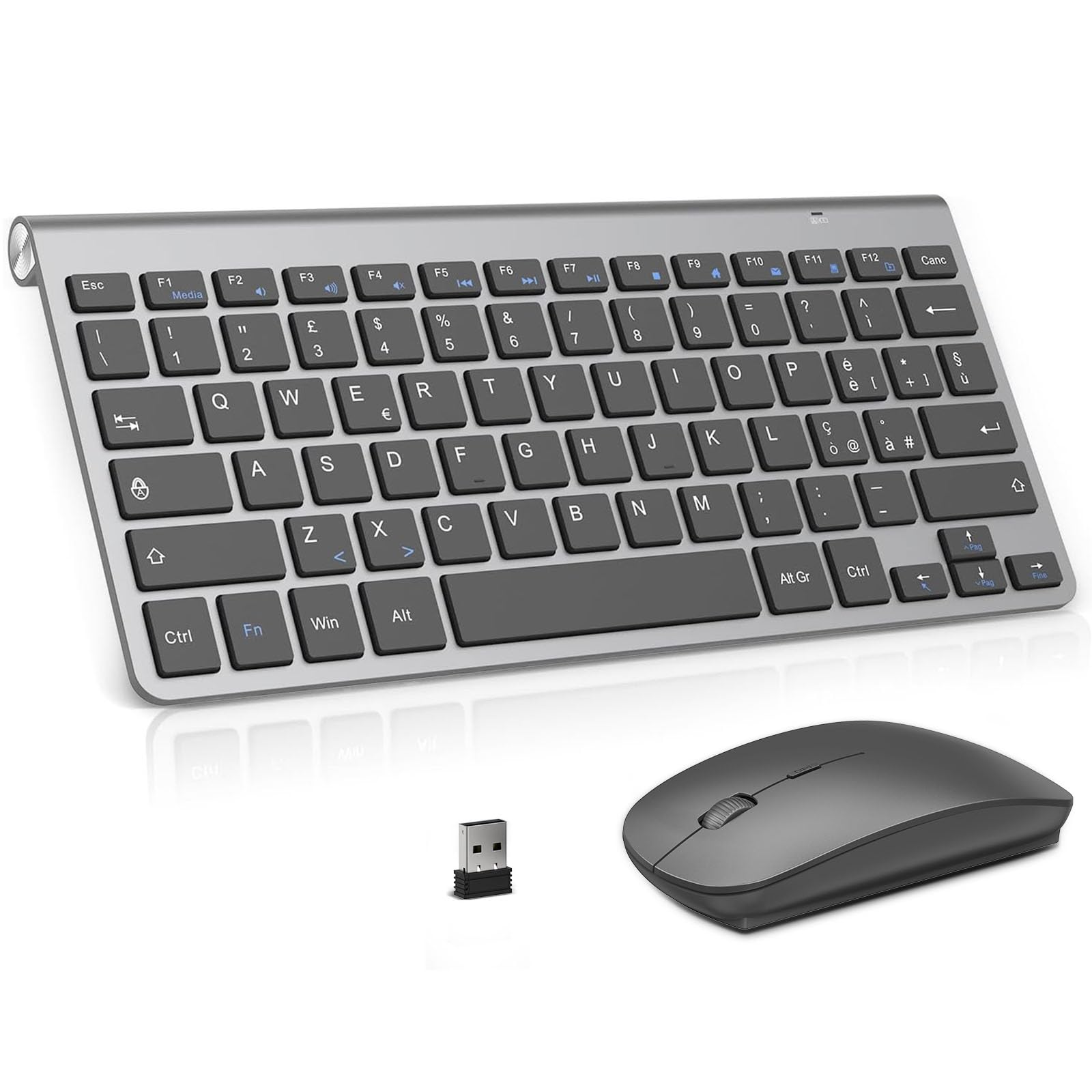 Tastiera e mouse Wireless, PINKCAT 2.4G Set di tastiera ultrasottile e mouse ergonomico silenzioso con 12 tasti di scelta rapida multimediali per computer, PC, laptop, desktop (grigio)