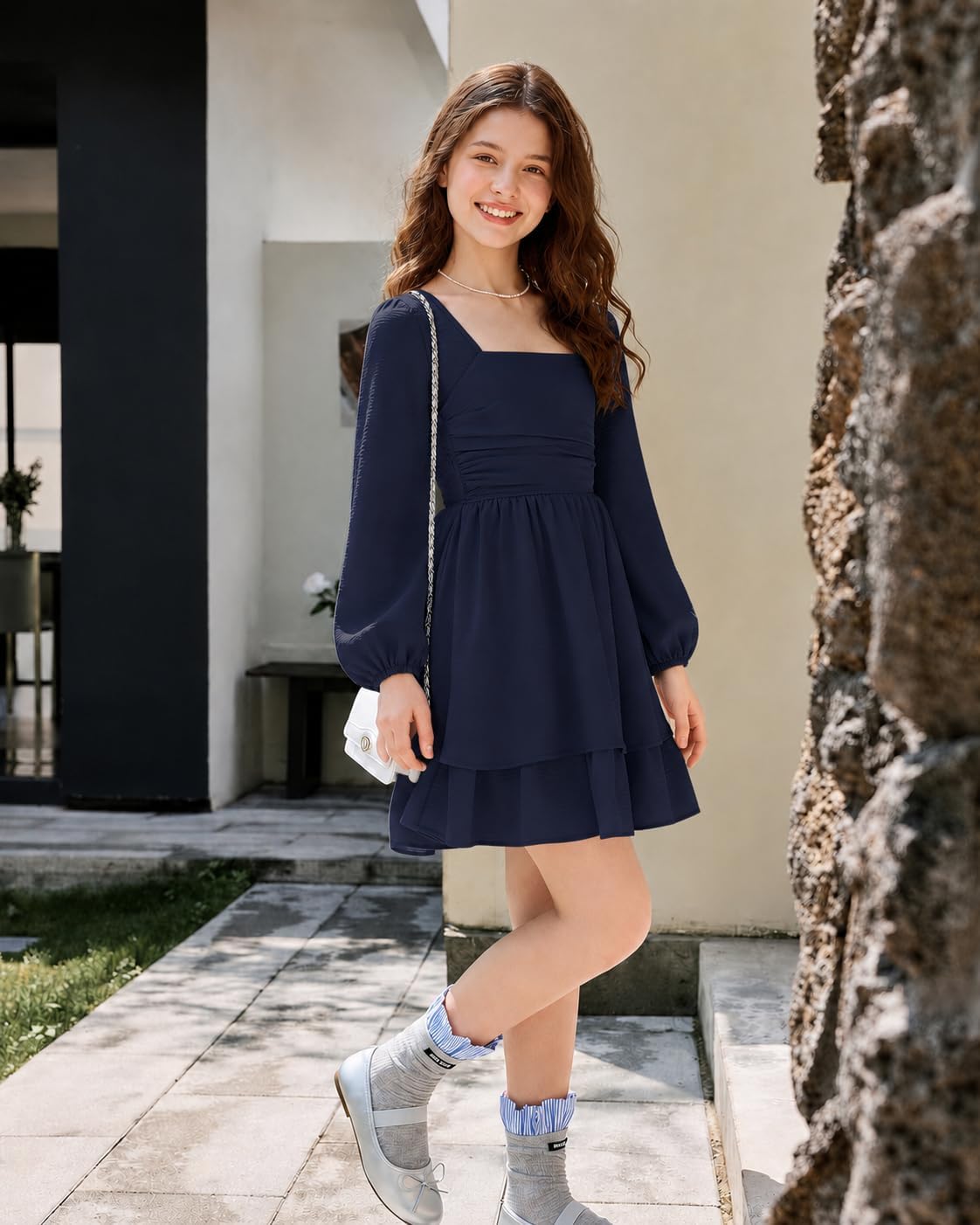 Girls Long Sleeve Square Neck Mini Dress Ruched Layered Flowy Dresses