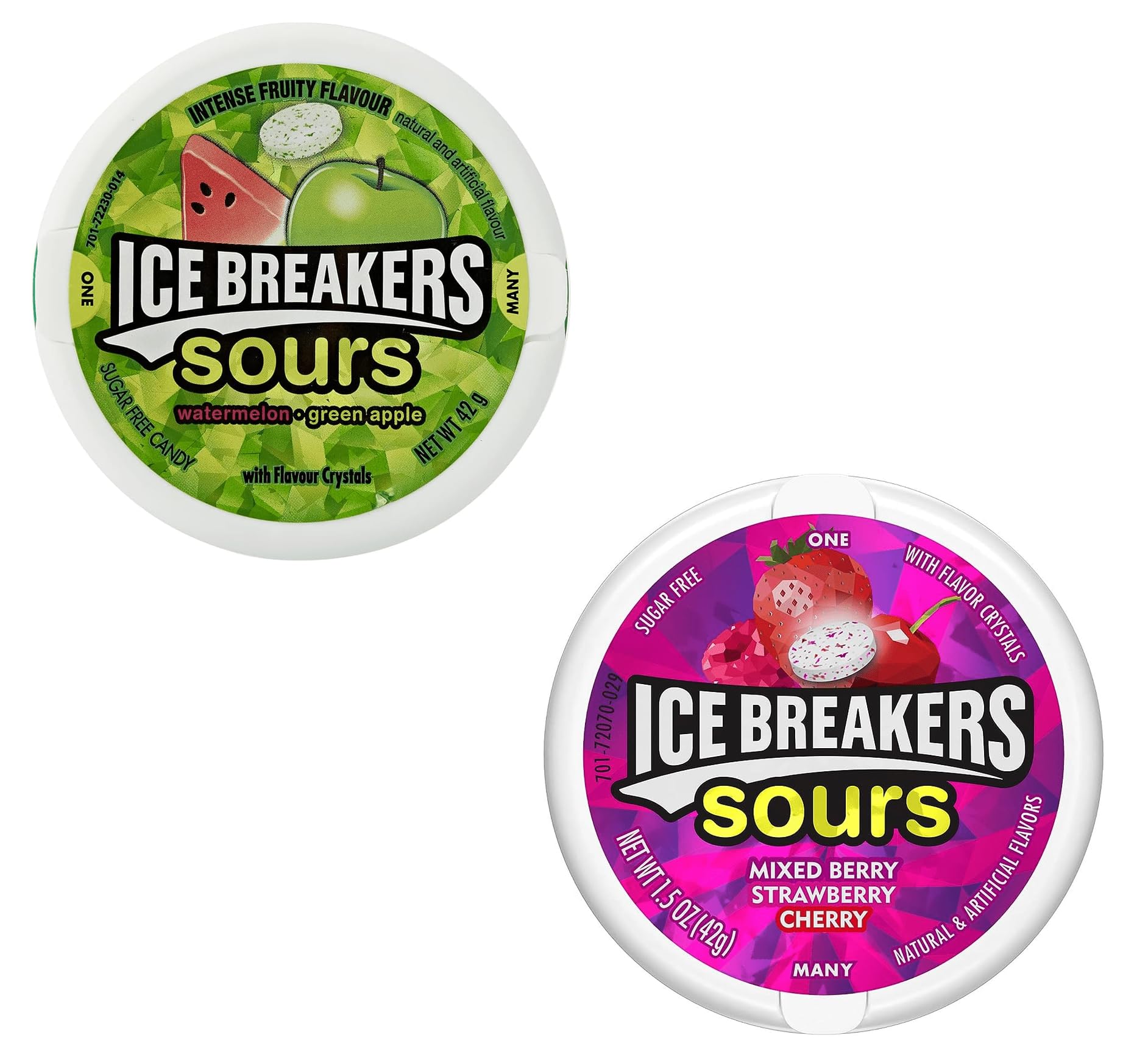 Ice Breakers Sours Watermelon + Green Apple + Tangerine 42 G,Sugar Free With Flavor Crystals And Ice Breakers Sours Mixed Berry + Strawberry + Cherry 42 G,Sugar Free With Flavor Crystals