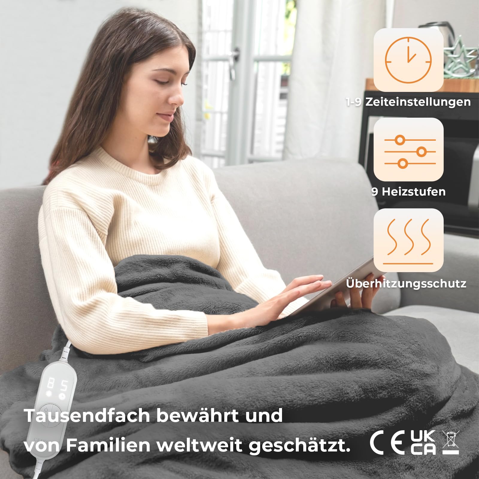 CELESTA Flanell Heizdecke mit Abschaltautomatik 180 x 130 cm, 9 Heizstufen 1-9H Timer Auto-Aus, Beheizbare Decke, Maschinenwaschbar - für Sofa, Bett und Büro, Dunkelgrau