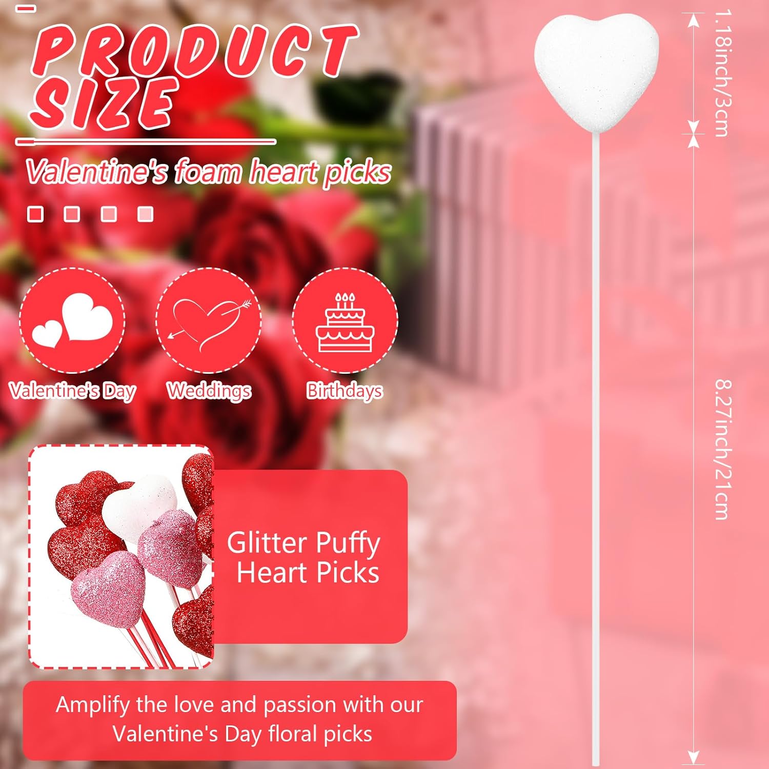 グリッターフォームハートスティック フォームハートピック キラキラハートステム ふくらんでいるハート 木製ピック ウェディングデコレ