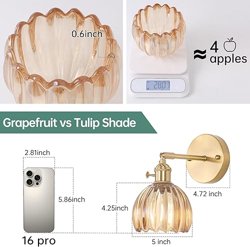 Miniatura 3 de Juego de 2 apliques de pared vintage con pantalla de cristal de tulipán ámbar de 180 grados, ajustable, de latón, con cable, moderna, con