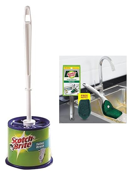 Scotch-Brite Round Toilet Brush with Holder+Scotch-Brite Plastic Kitchen Sink Brush (Silver) (Scotch-Brite Kitchen Sink Brush)