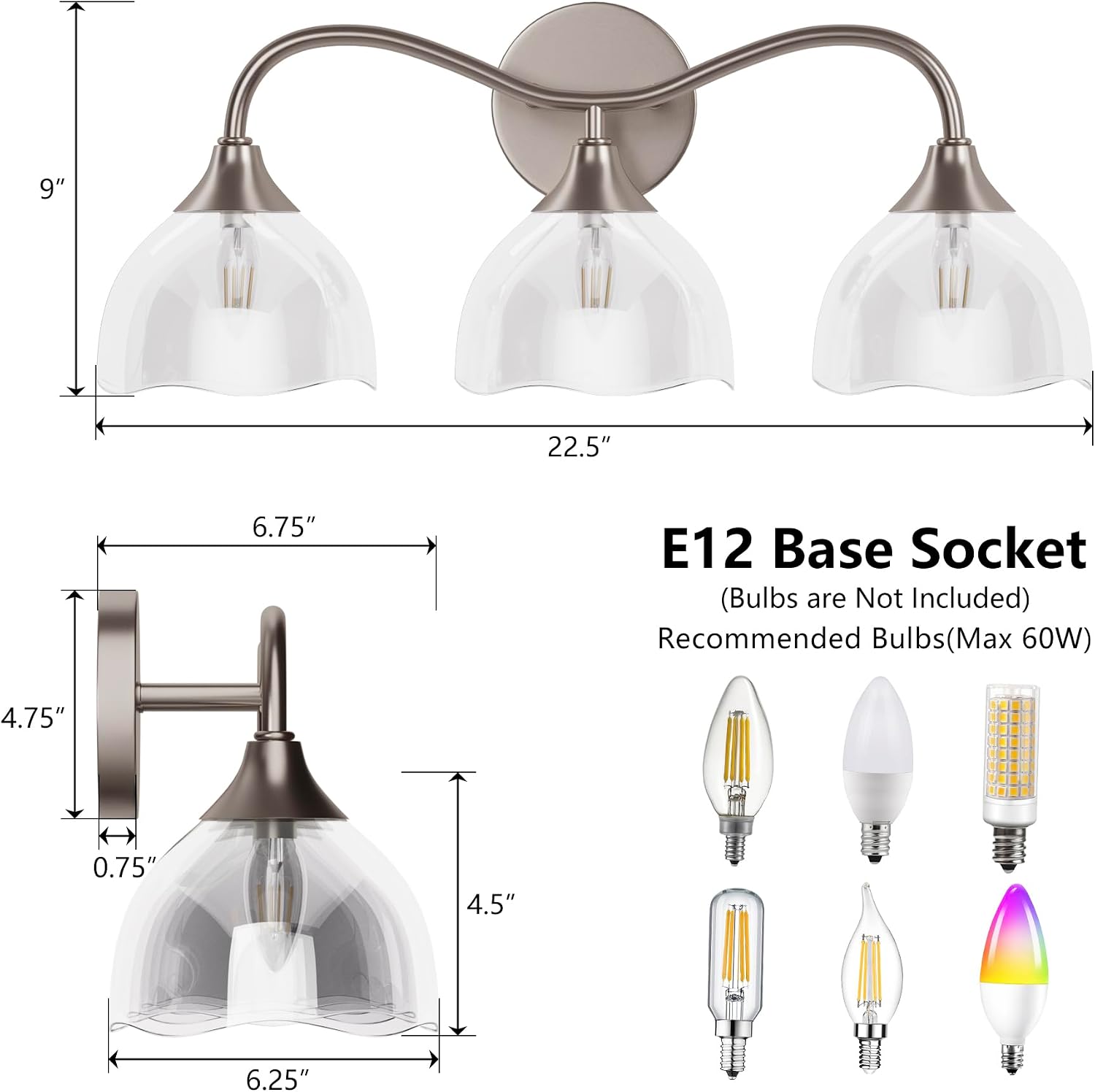 Maxax 3-Light Bathroom Vanity Light, Brushed Nickel Wall Sconce Clear Glass Shade, Refined Transitional Over Mirror Lighting, Wave Arm, E12 Base, Dimmable
