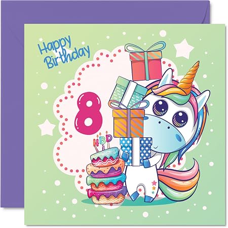 Amazon.com : 8th Birthday Card Girl - Magical Unicorn Birthday Card ...