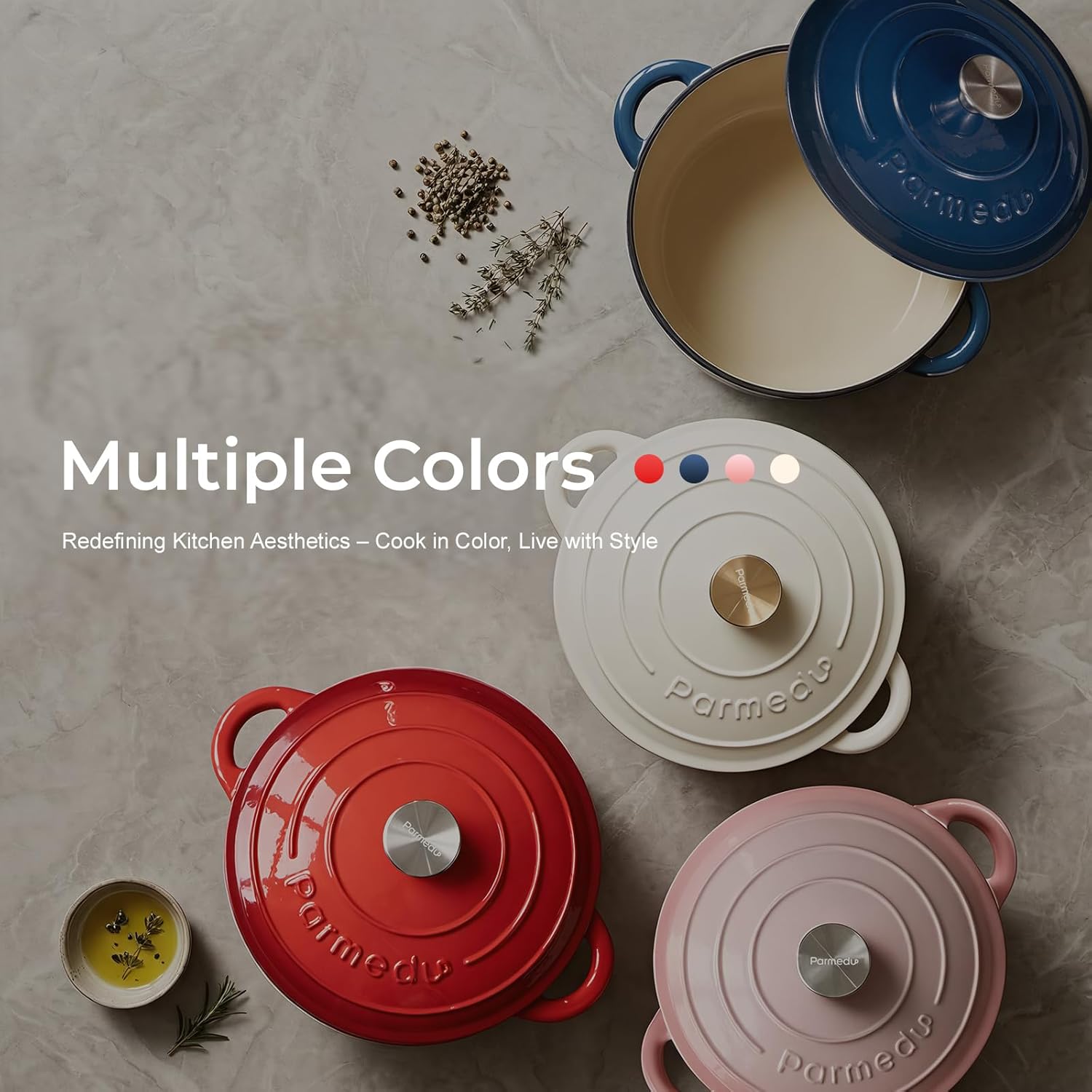 Parmedu 5.5QT Enameled Cast Iron Dutch Oven for Sourdough Bread Baking, Easy Cleaning, Versatile for Stewing, Roasting, Braised Chicken, Soup & More
