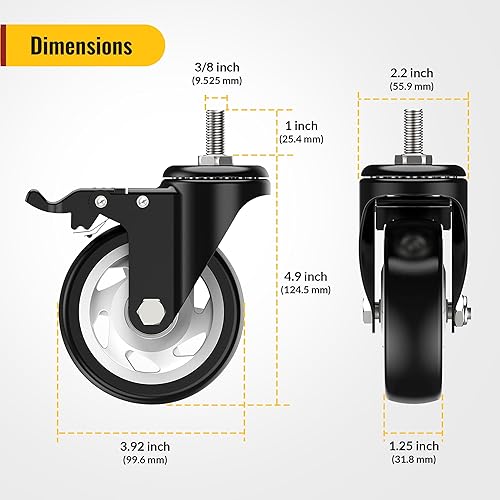 Miniatura 2 de HOLKIE Ruedas giratorias de 4 pulgadas, ruedas de vástago de bloqueo total, 38 pulgadas -16 x 1 (diámetro del vástago 38 pulgadas, longitud del