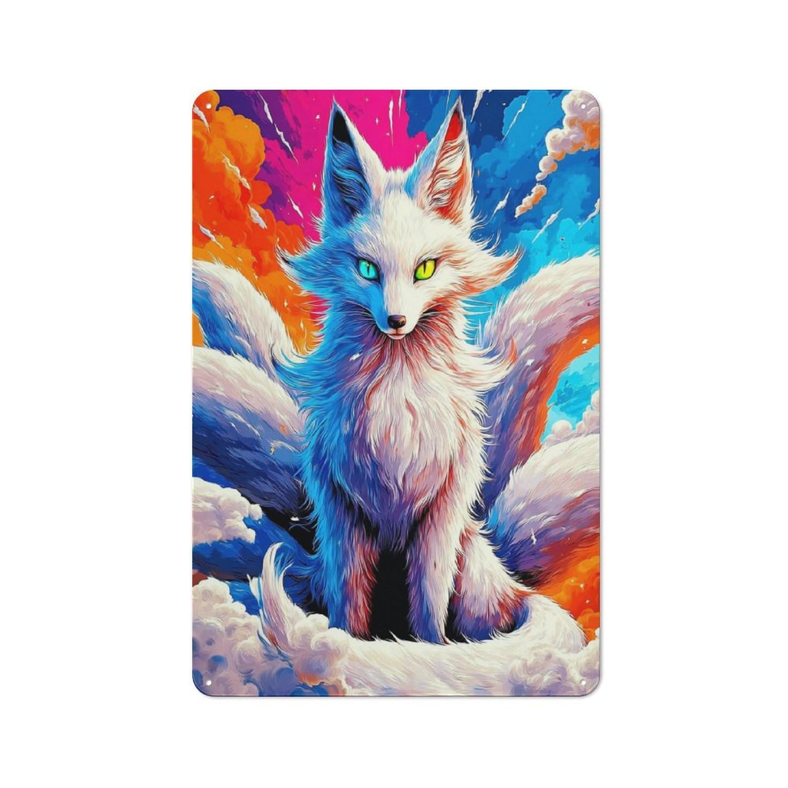 Junmoney Colorful Fantasy Fox In Clouds Vintage Metal Wall Decor 30X20cm, Vintage Metal Sign For Cafe, Bistro, Bakery Or Restaurant
