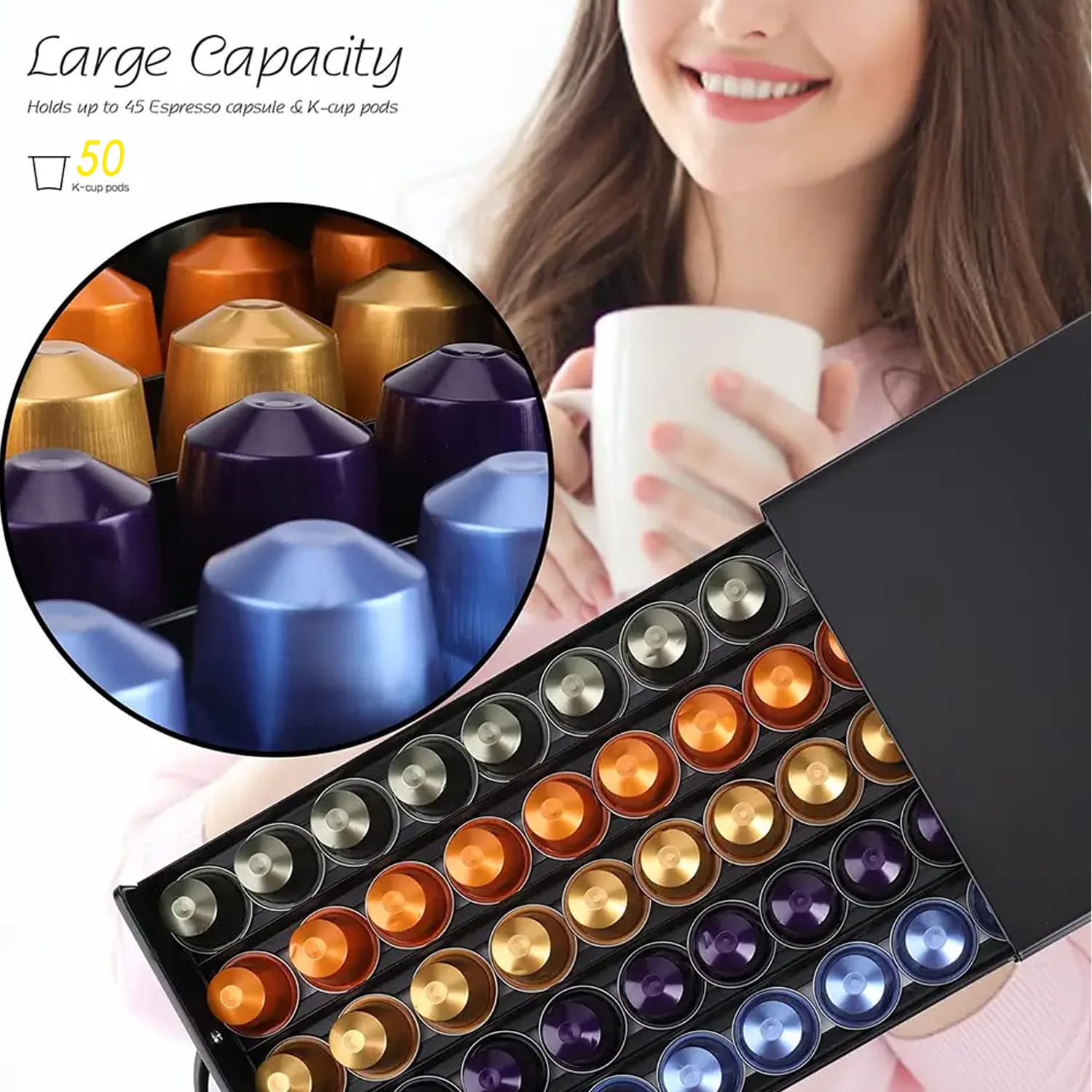 Soporte para cápsulas de café, organizador de cajón de cápsulas de café de 50 cápsulas para cápsulas Dolce Gusto/NES-presso/Vertuoline, soporte de almacenamiento de acero compatible con cafeteras para