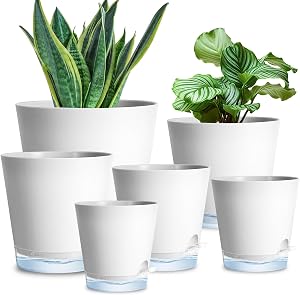 6 Pack Plant Pots with Clear Reservoirs 7/6.5/6/5.5/5/4 Inch Self Watering Planters for Indoor Plants Visible Water Level Flower Pots Rope and Drainage Holes for Home Garden(White)