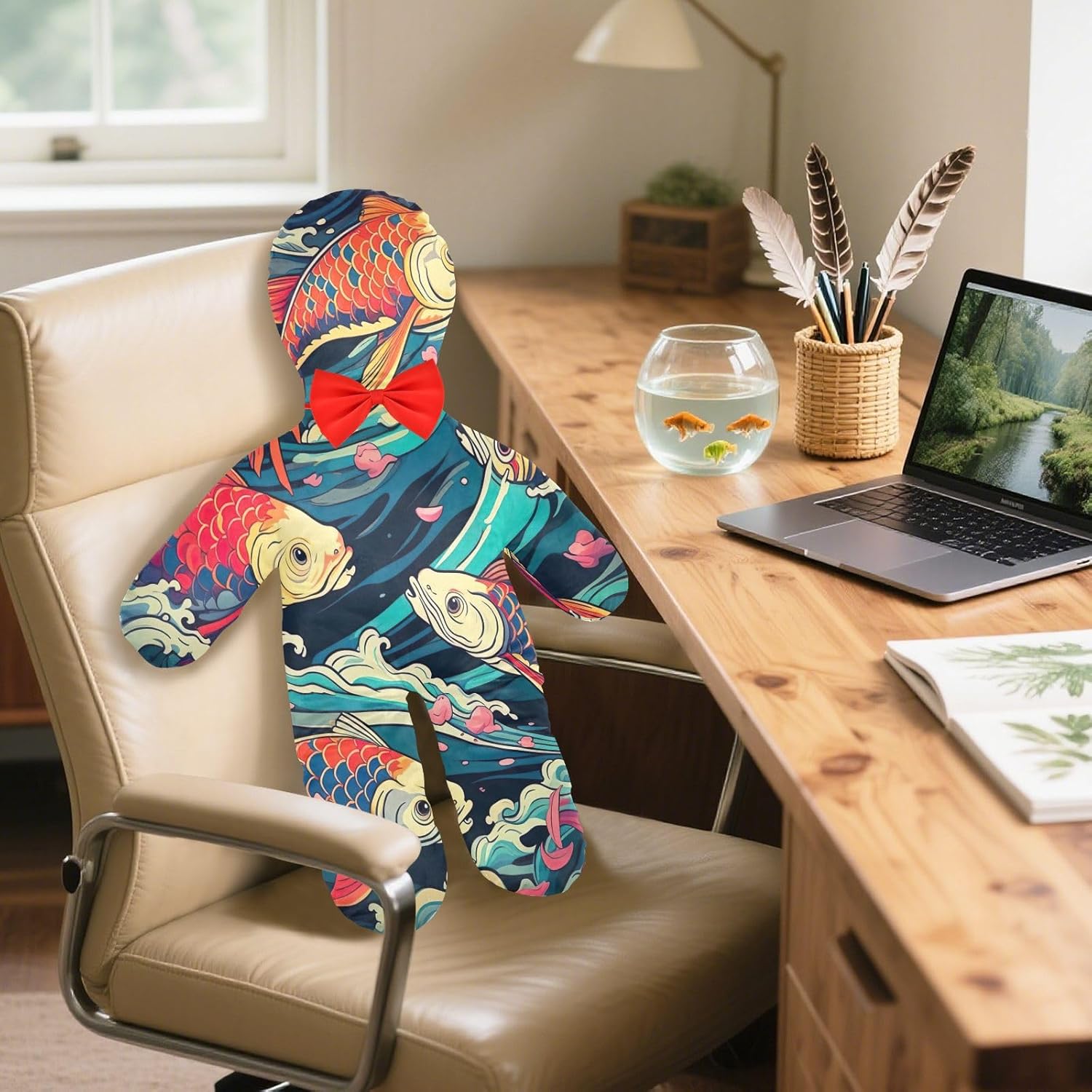 Colorful Fish Waves Human-Shaped Pillow Soft Body Pillows Washable Velvet Pillows for Anxiety Relief Sleeping Cuddling & Support